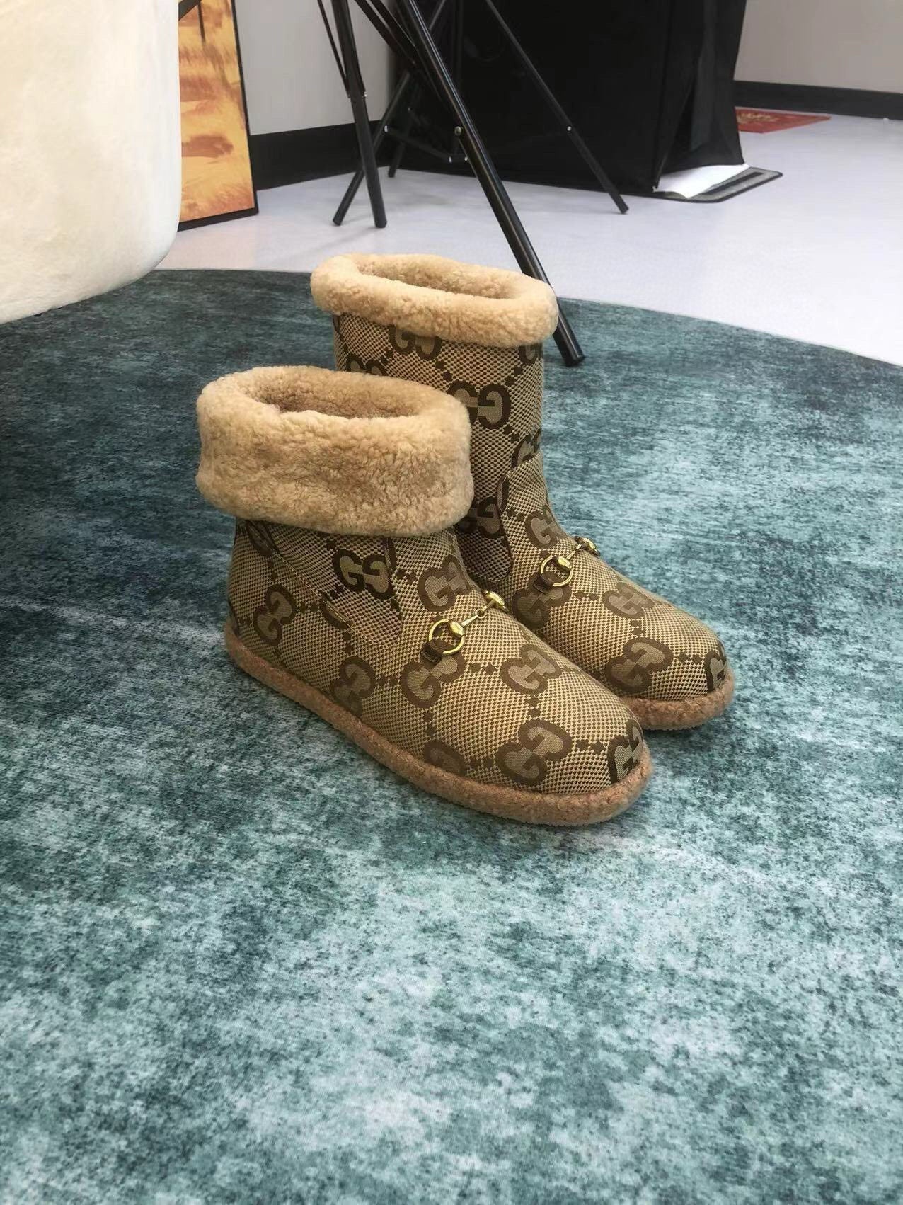 GG Horsebit Snow Boots Dark Beige Woolen Fabric Fleece 576252