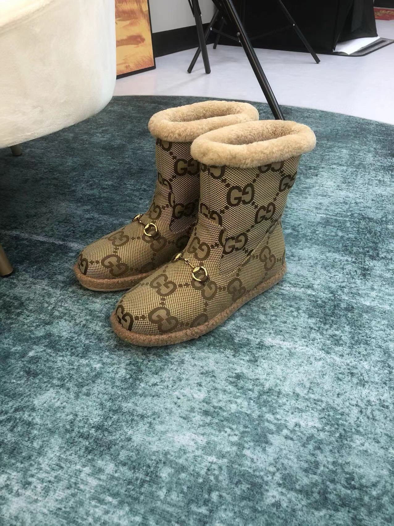 GG Horsebit Snow Boots Dark Beige Woolen Fabric Fleece 576252