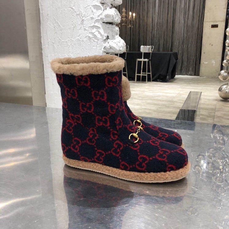 GG Horsebit Snow Navy Blue Red Suede Fleece 576254