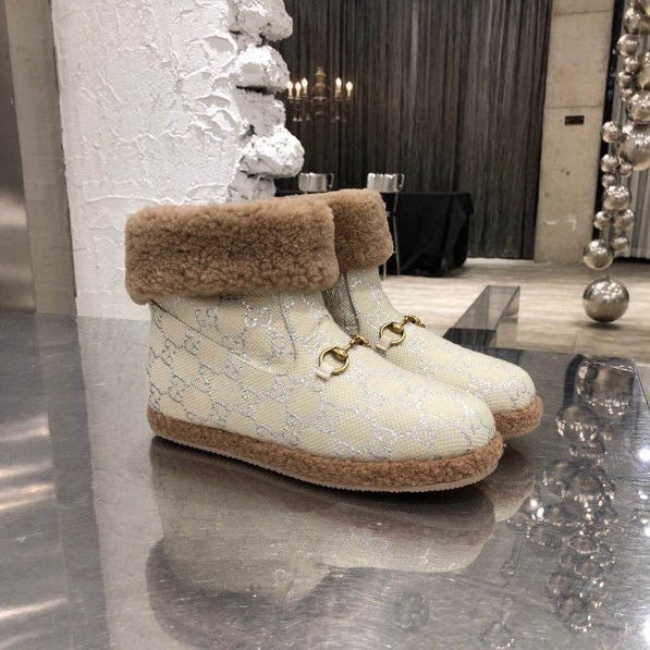 GG Horsebit Snow Cream Brown  Woolen Fabric Fleece 576255