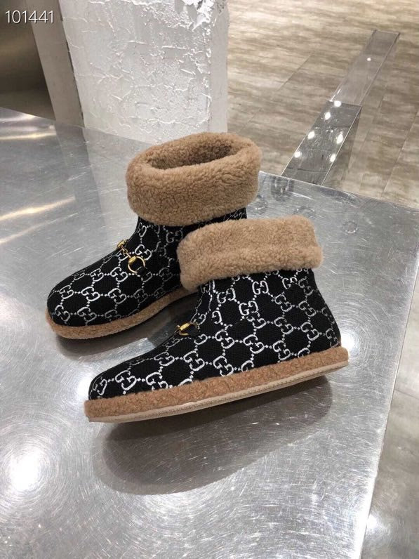 GG Horsebit Snow Cream Black Woolen Fabric Fleece 576256