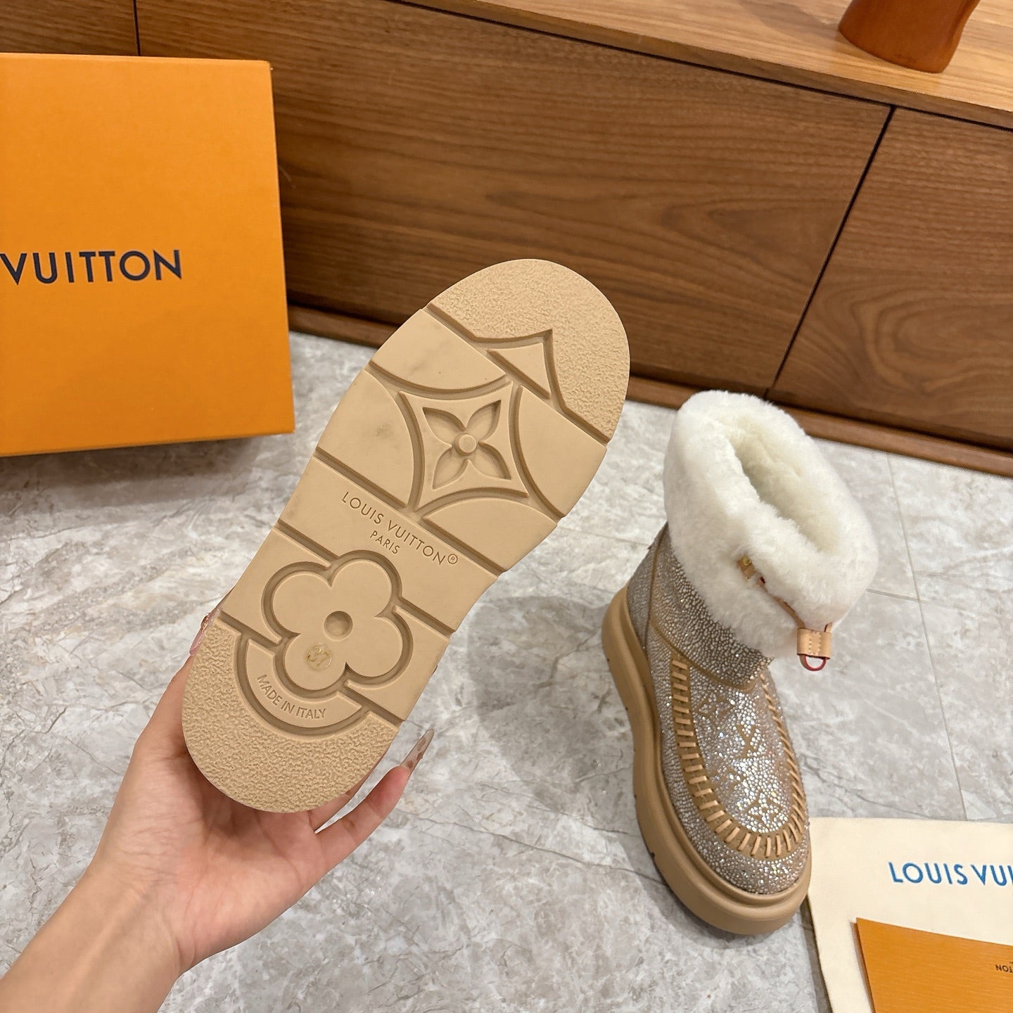 LV 2026 Cortina Ankle Boot Silver Beige White Silver Sequin Wool 594926