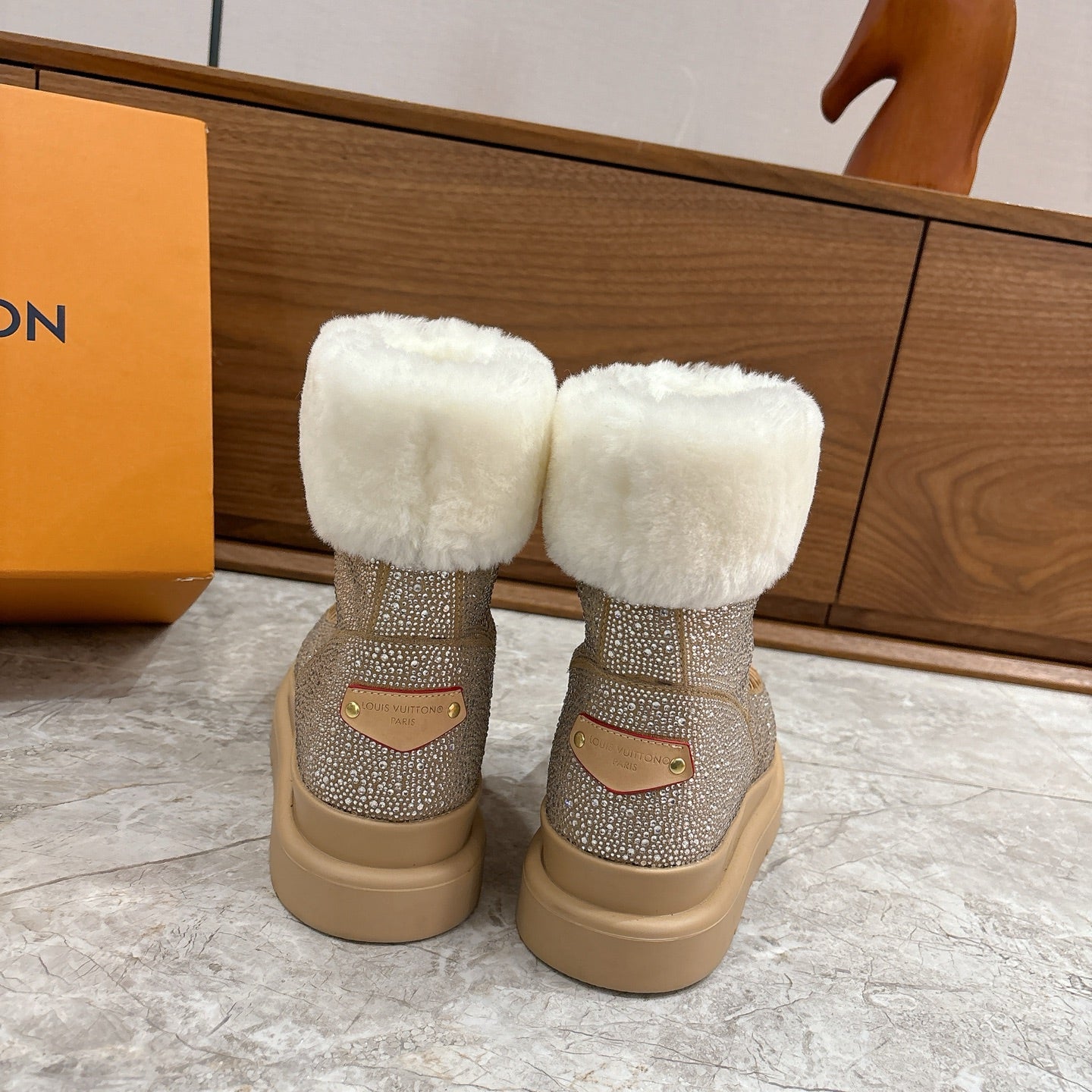 LV 2026 Cortina Ankle Boot Silver Beige White Silver Sequin Wool 594926