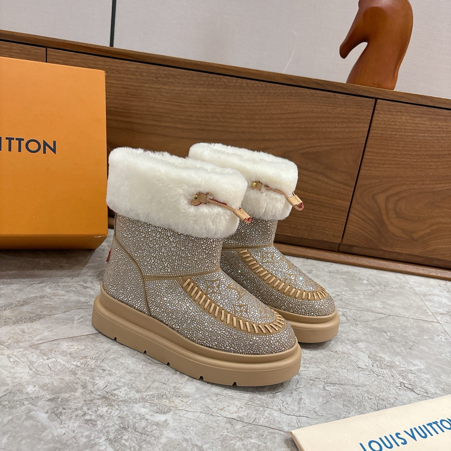 LV 2026 Cortina Ankle Boot Silver Beige White Silver Sequin Wool 594926