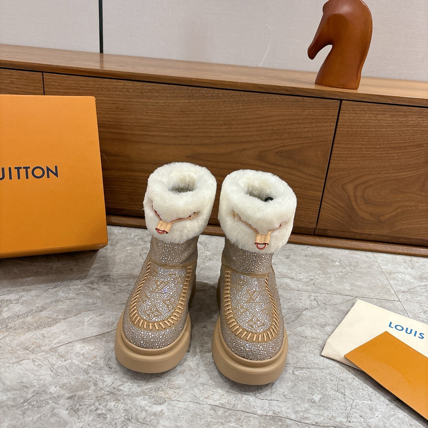 LV 2026 Cortina Ankle Boot Silver Beige White Silver Sequin Wool 594926