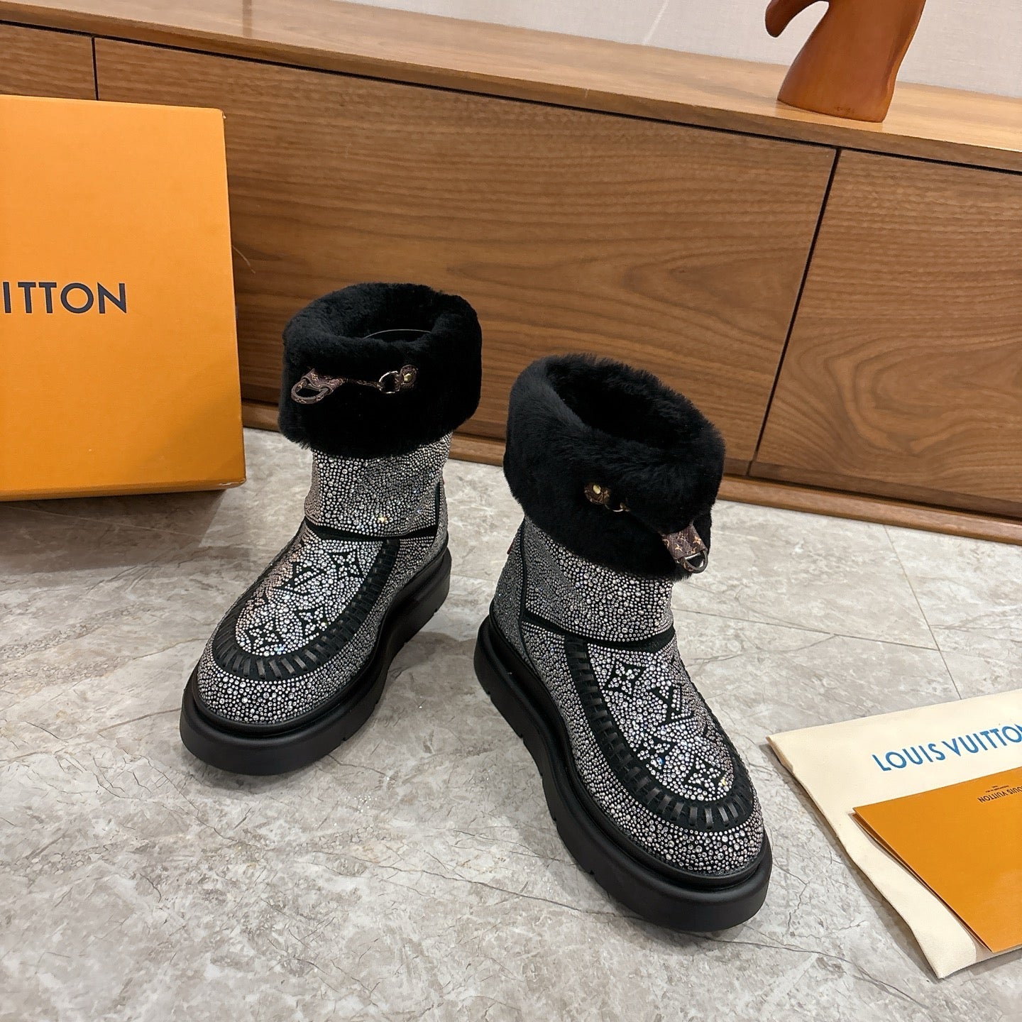 LV 2026 Cortina Ankle Boot Black Silver Sequin Wool 594928