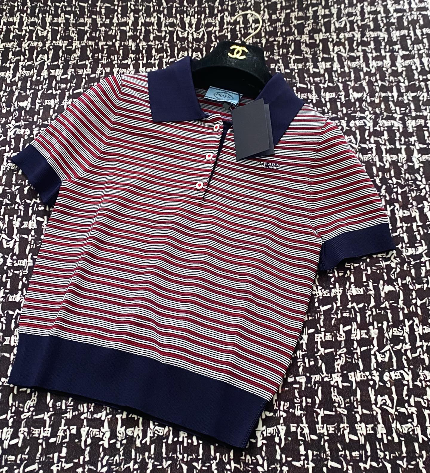 Prada 25 Striped Polo Shirt Navy Blue mix Red Tencel Wool