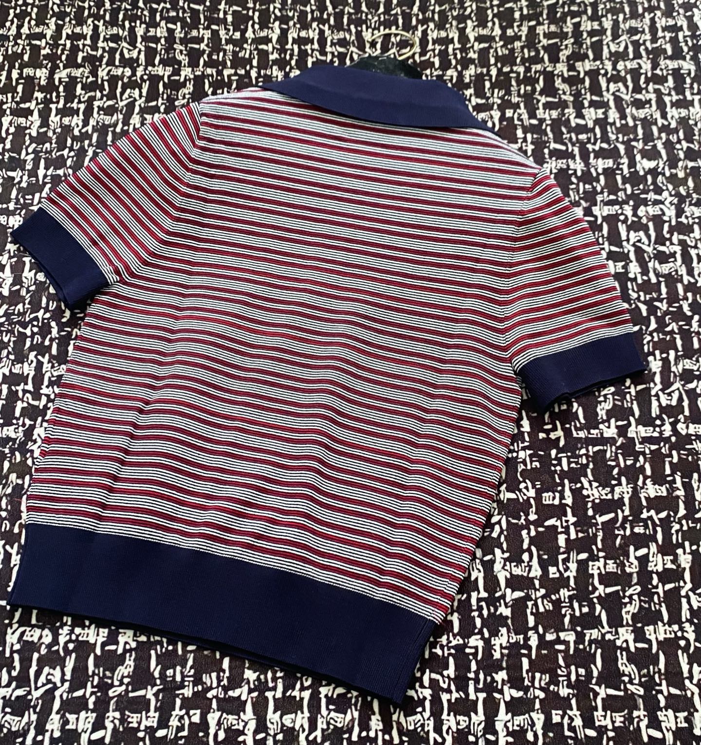 Prada 25 Striped Polo Shirt Navy Blue mix Red Tencel Wool