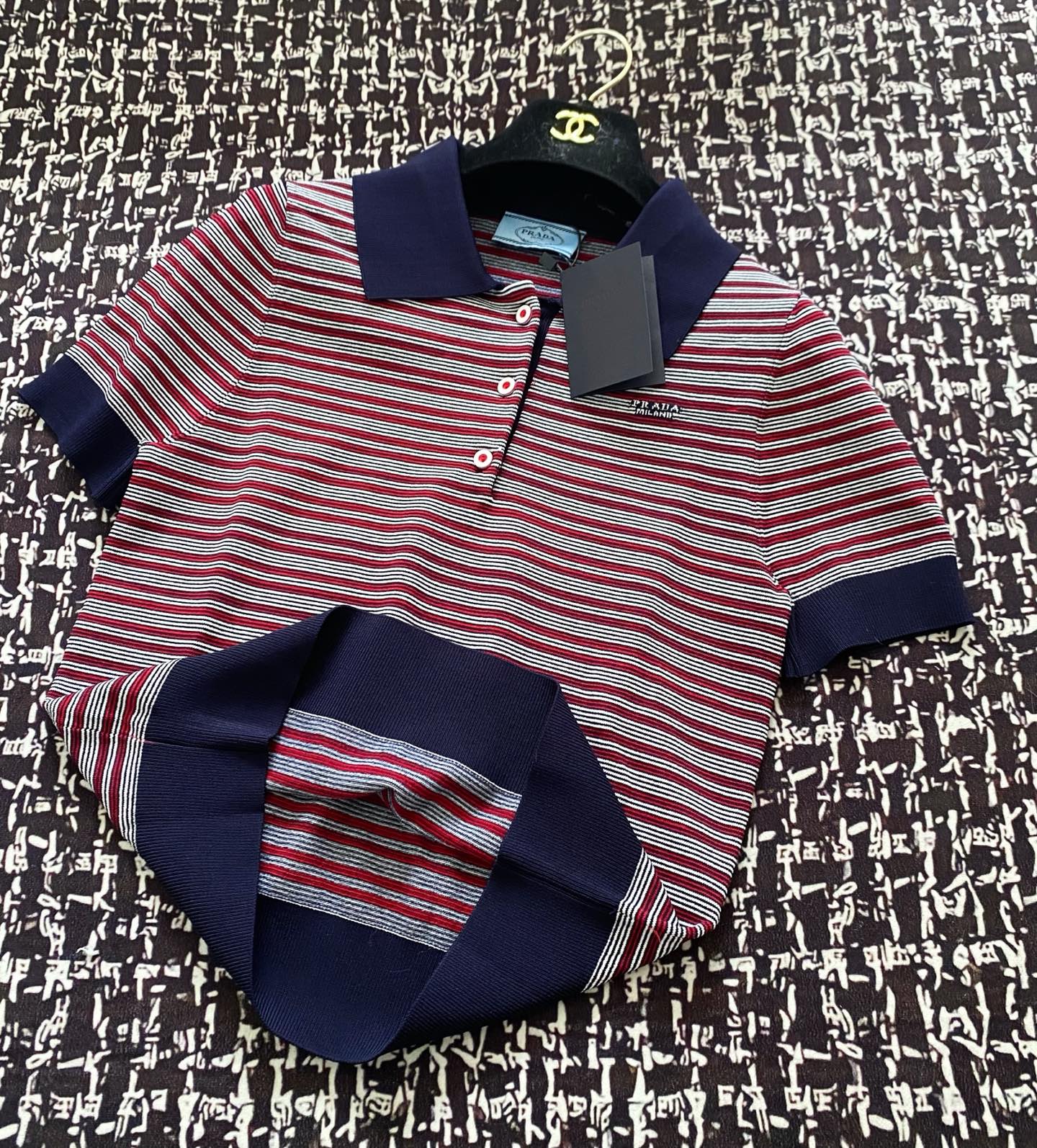 Prada 25 Striped Polo Shirt Navy Blue mix Red Tencel Wool