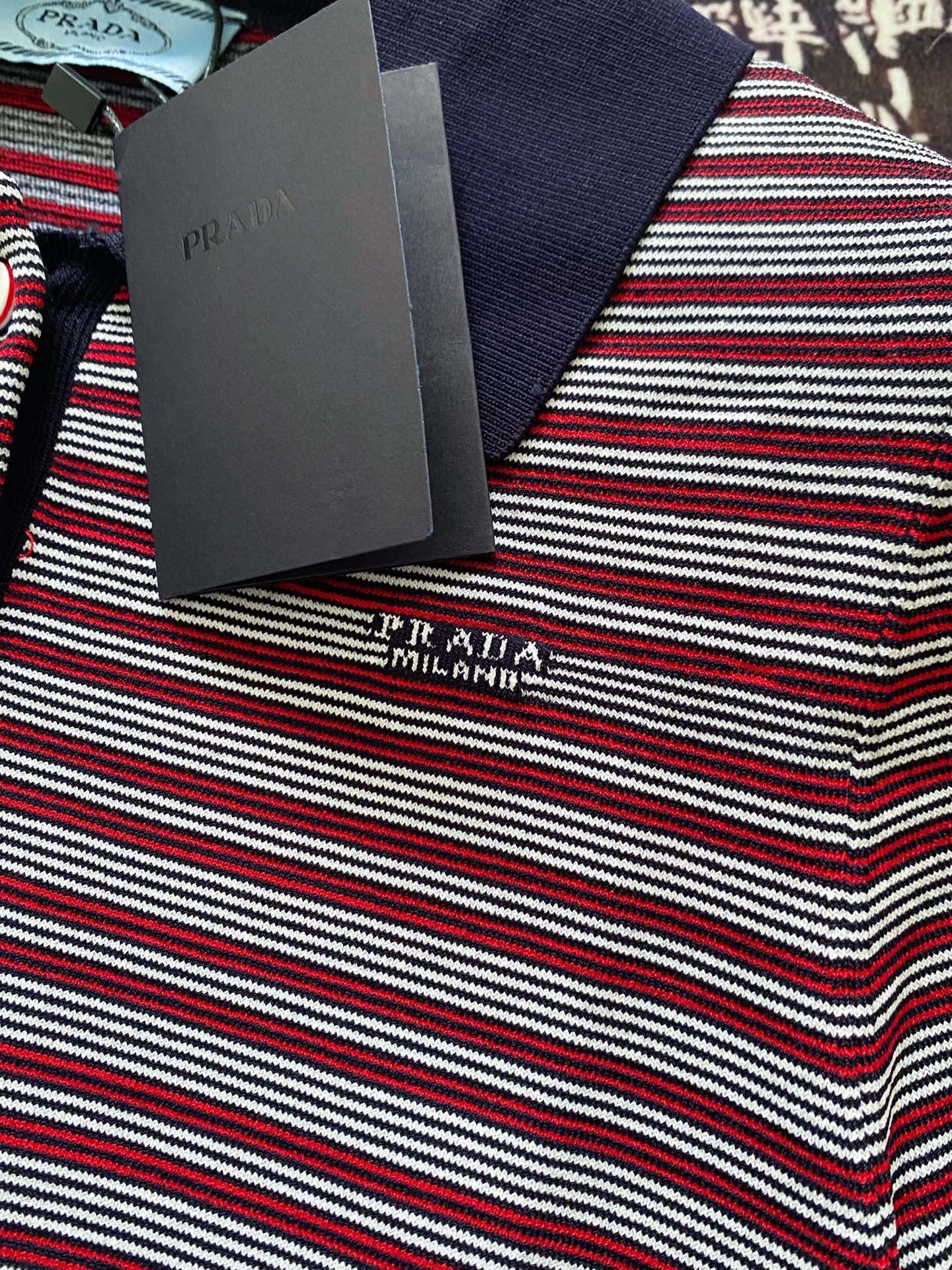Prada 25 Striped Polo Shirt Navy Blue mix Red Tencel Wool