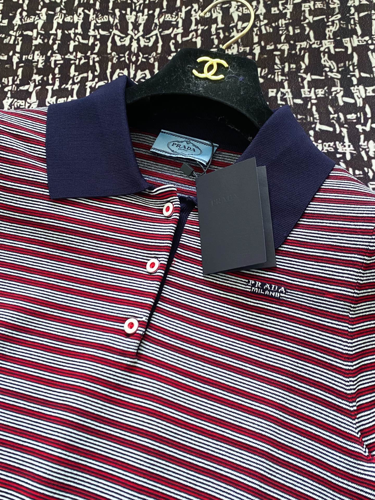 Prada 25 Striped Polo Shirt Navy Blue mix Red Tencel Wool