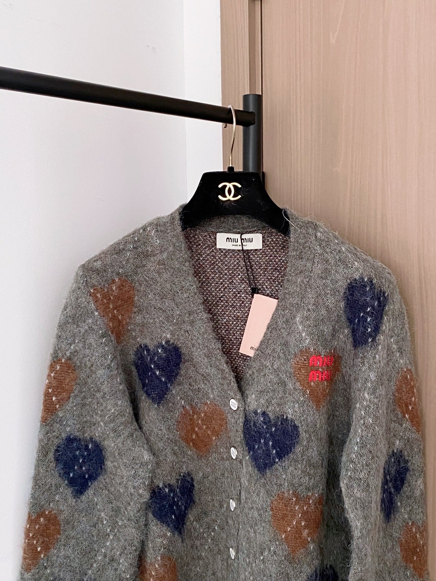 Miumiu 2025 Heart Cardigan Gray mix Colors Wool