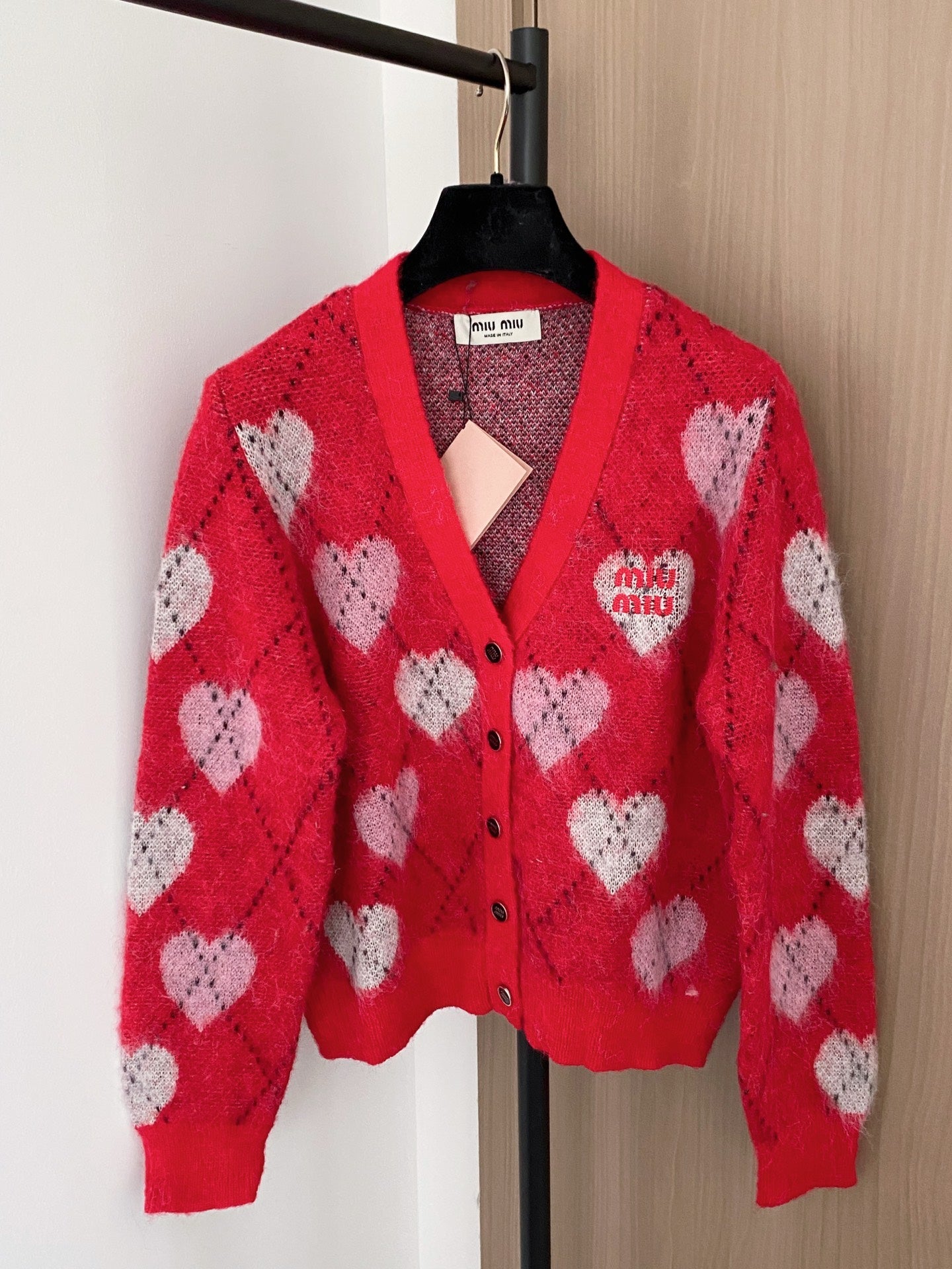 Miumiu 2025 Heart Cardigan Red mix White Wool