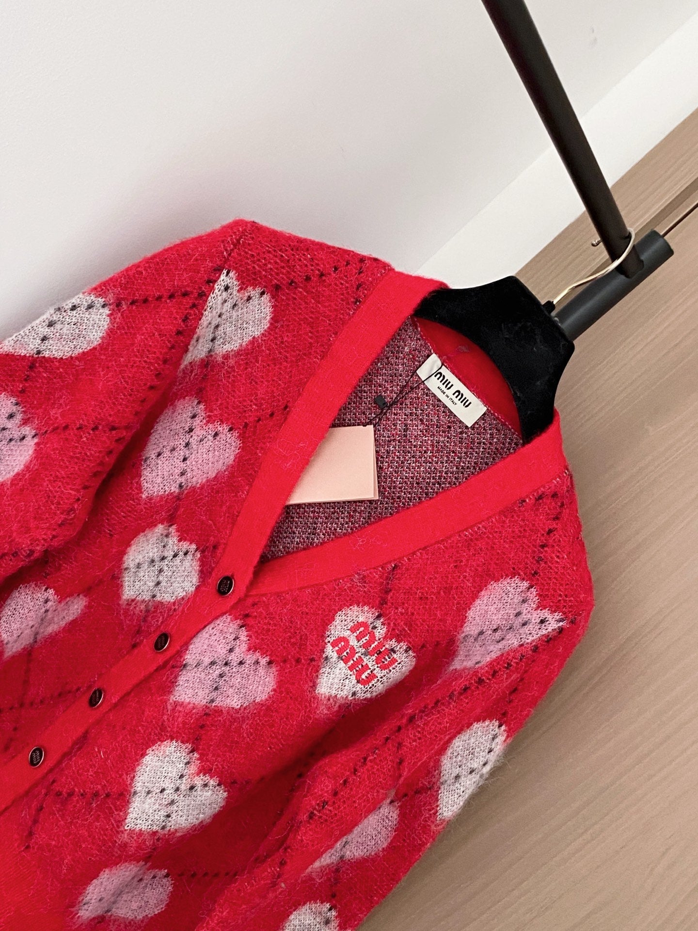 Miumiu 2025 Heart Cardigan Red mix White Wool