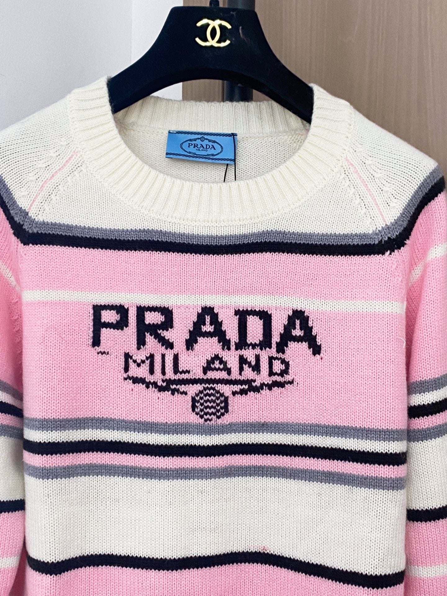 Prada 2025 Striped Long-sleeved Sweater Pink White Wool Cashmere
