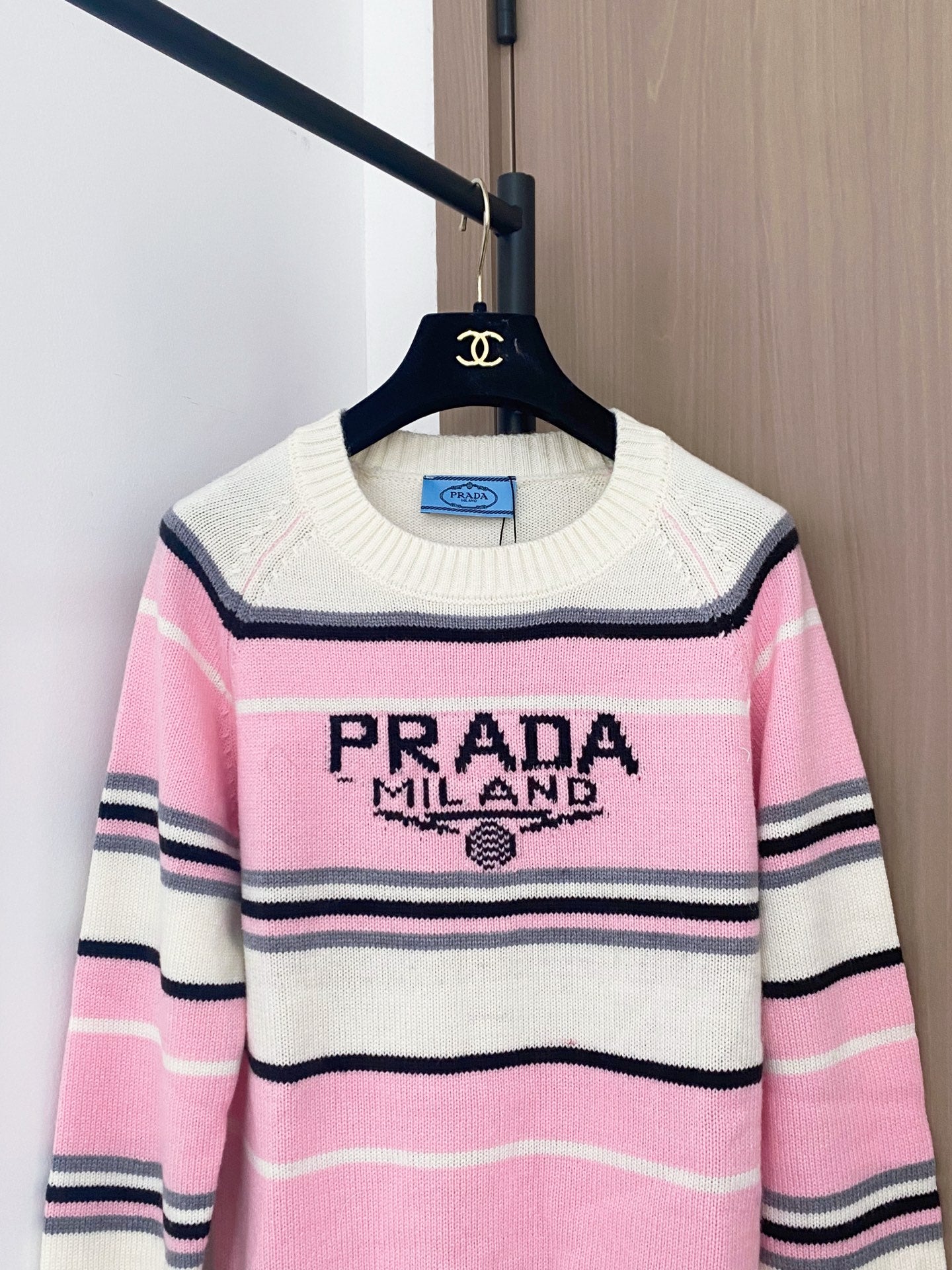 Prada 2025 Striped Long-sleeved Sweater Pink White Wool Cashmere