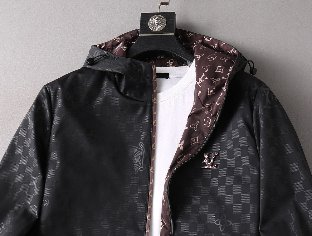 LV HOODED JACKET IN BLACK DAMIER AND BROWN TRIM 239036