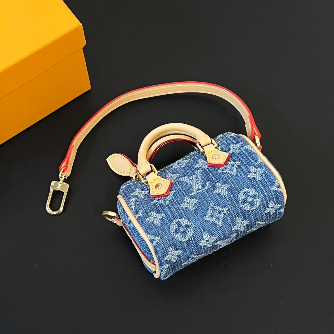 LV Micro Speed Bag Charm Blue Beige Canvas Leather