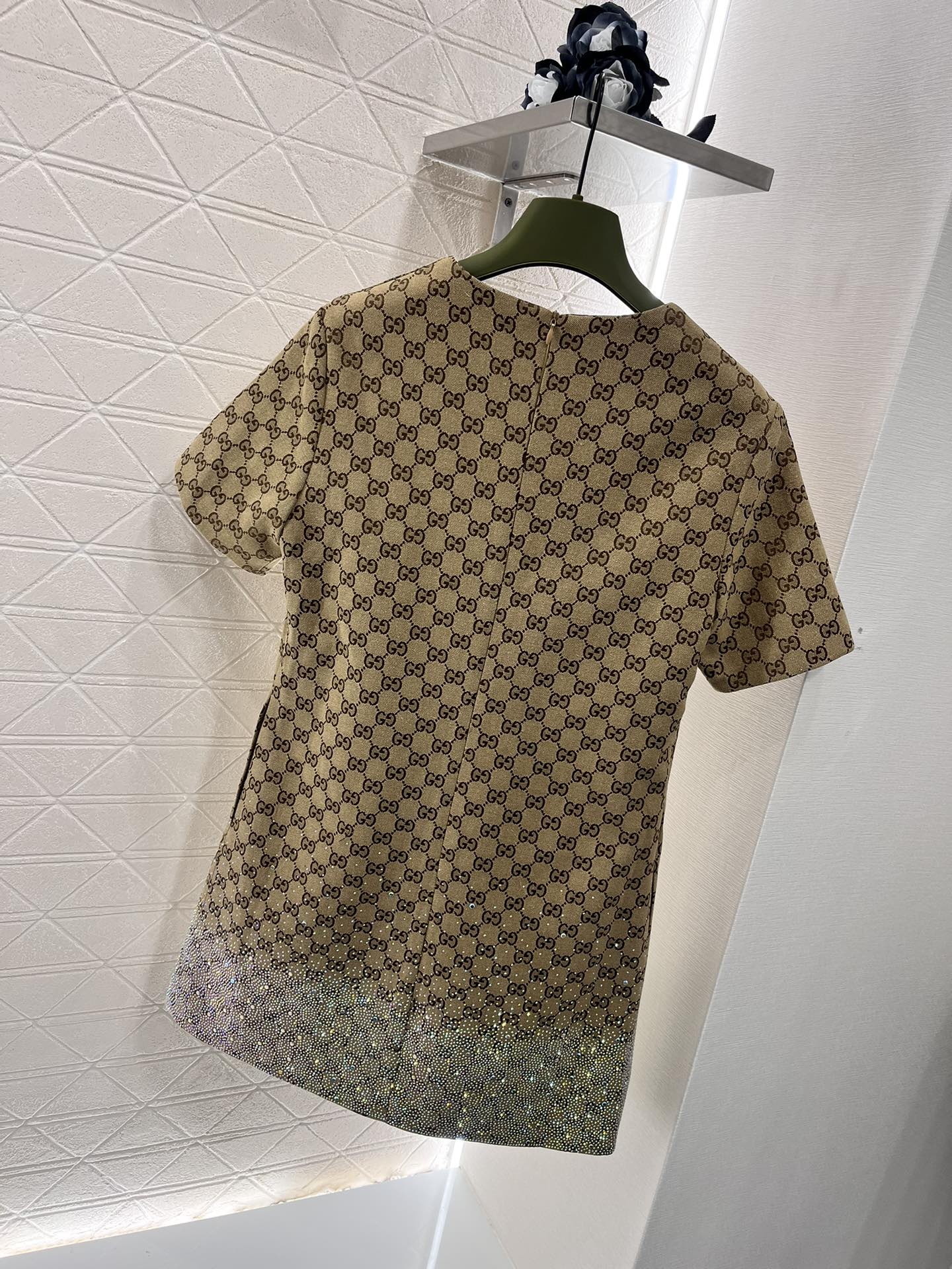 GG Beige Monogram Crystal Embellished Mini Dress