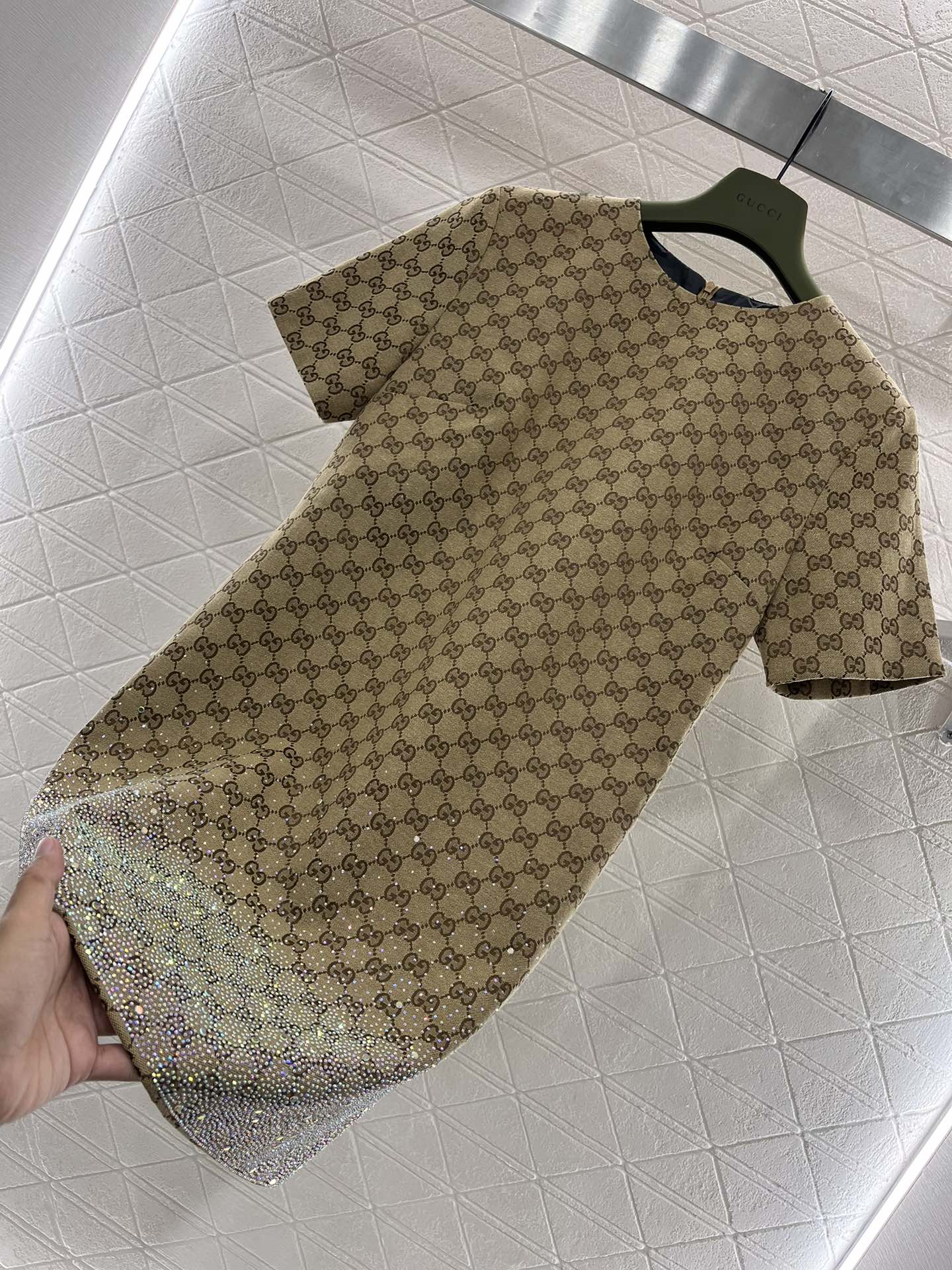 GG Beige Monogram Crystal Embellished Mini Dress