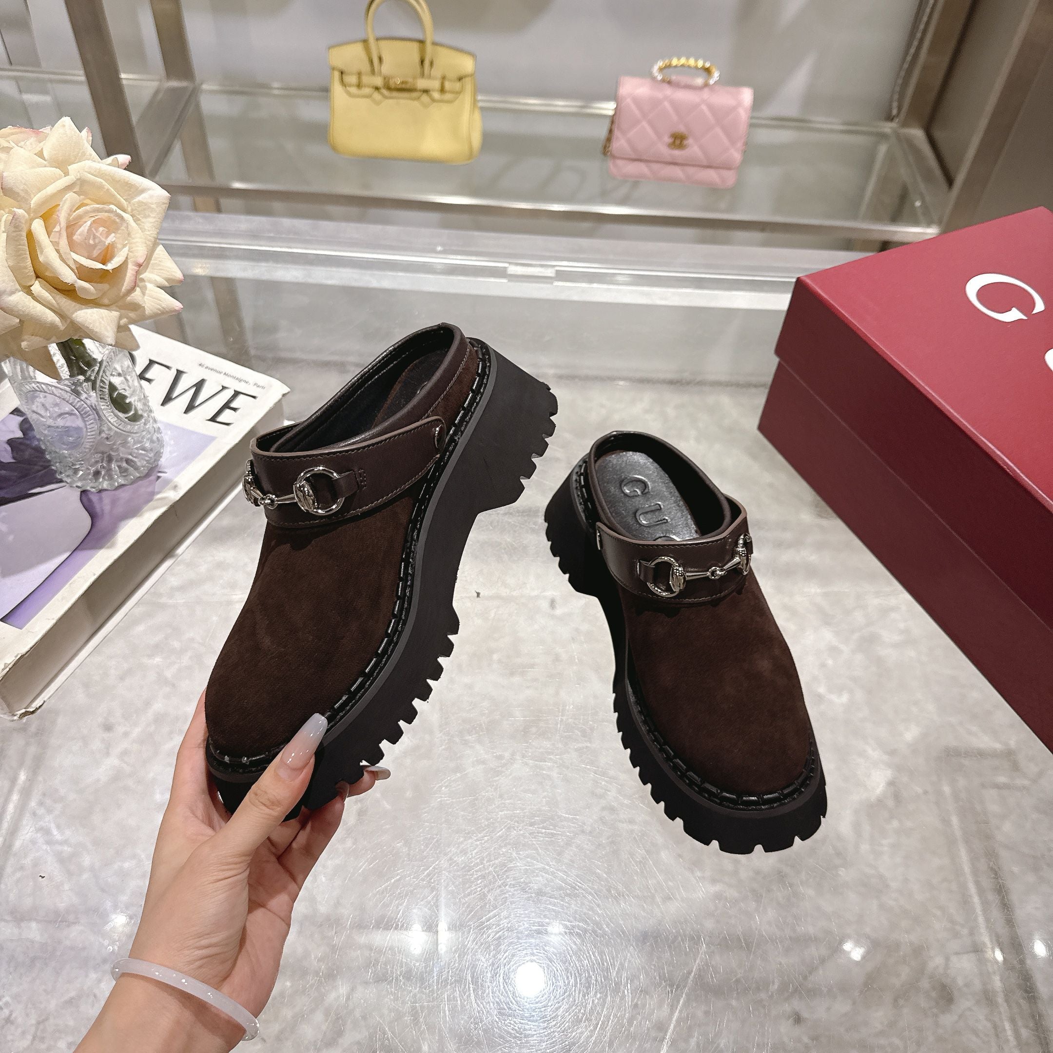 GG 2025 Horsebit Dark Brown mix Black Suede Sheepskin 416543