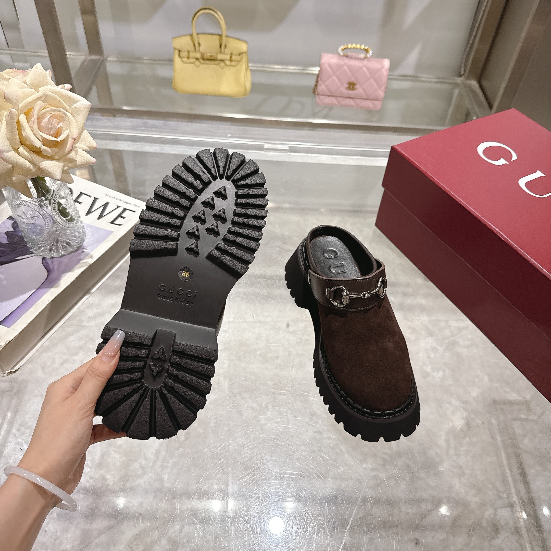 GG 2025 Horsebit Dark Brown mix Black Suede Sheepskin 416543