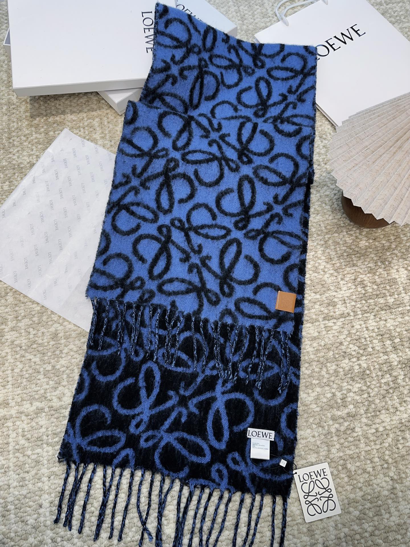 Loewe Scarf 180CM  Dark Blue Black Wool Cashmere 968583