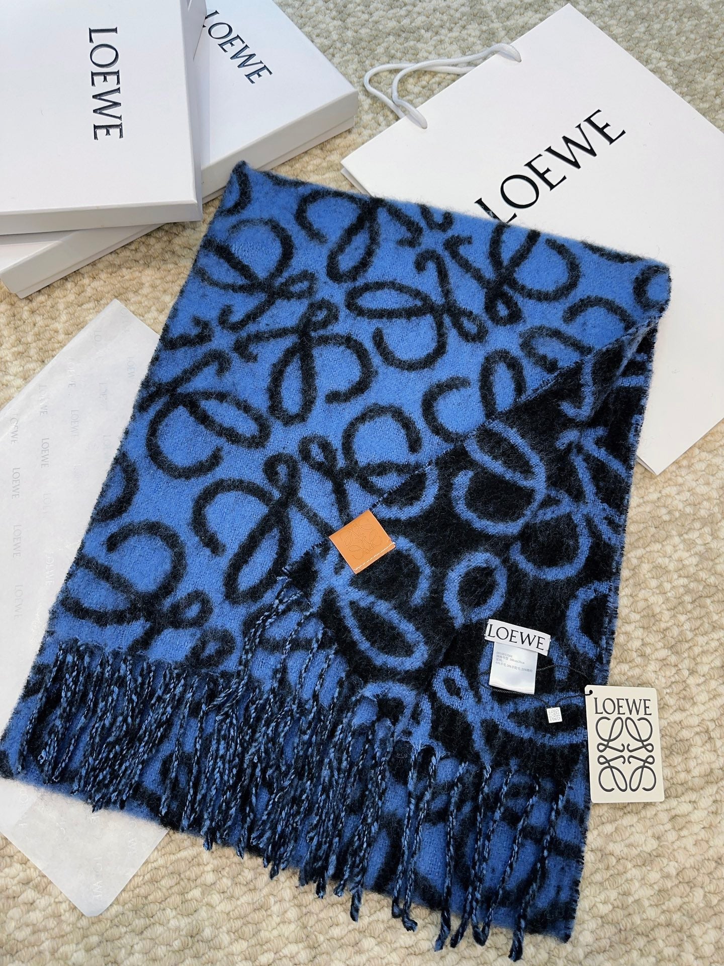Loewe Scarf 180CM  Dark Blue Black Wool Cashmere 968583