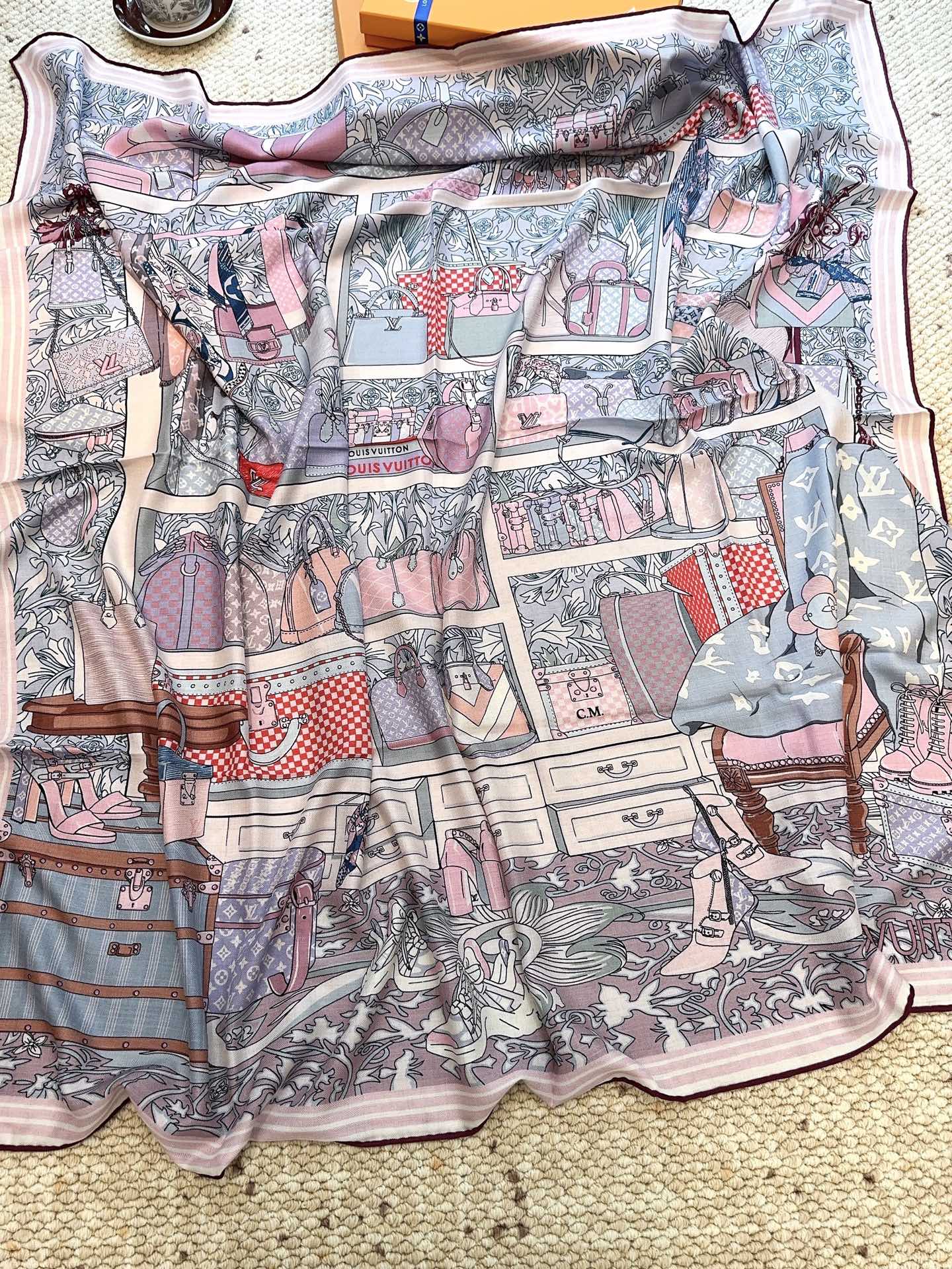 LV Monogram Scarf 135cm Purple Blue Silk Cashmere 967278