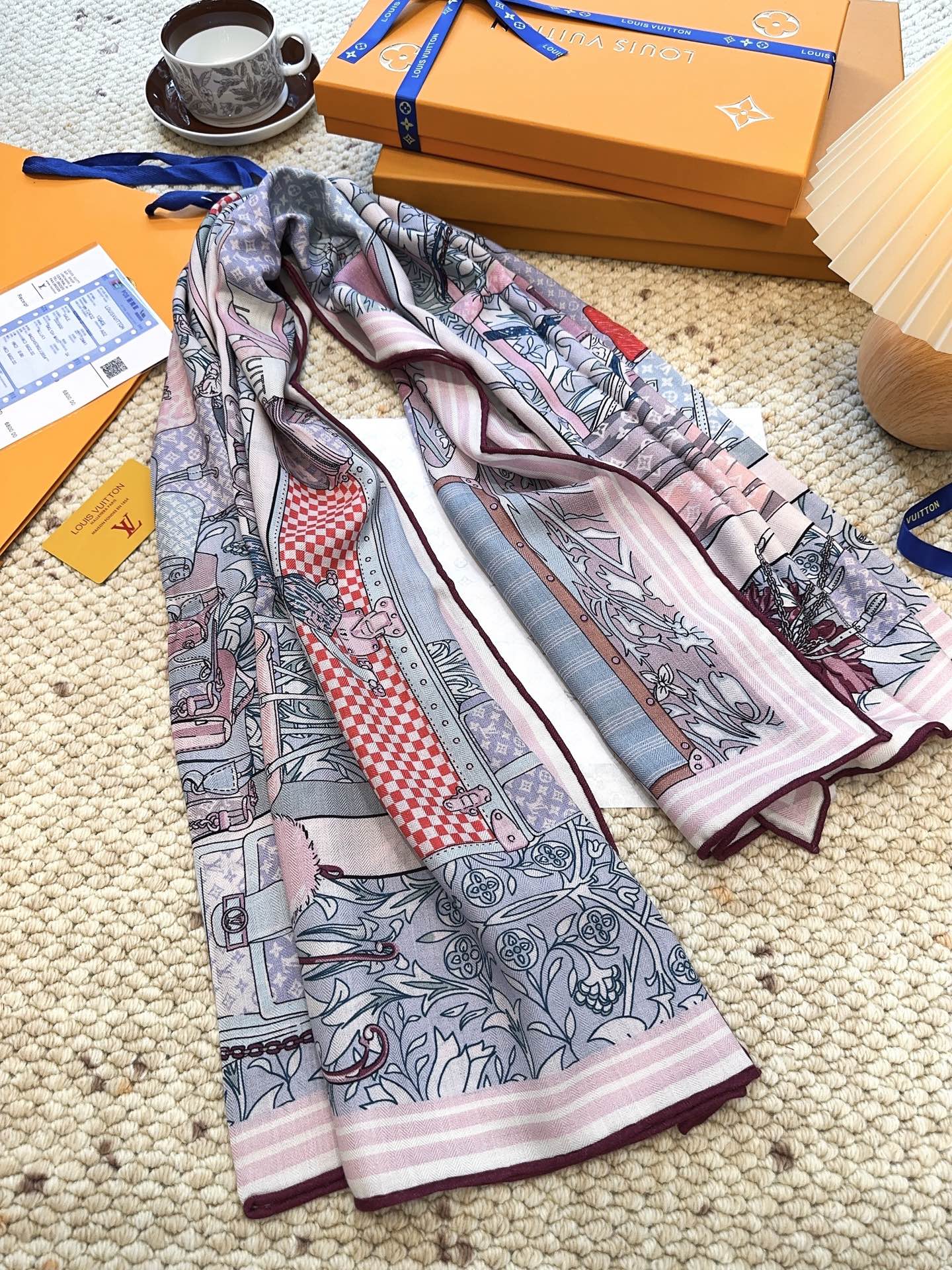 LV Monogram Scarf 135cm Purple Blue Silk Cashmere 967278