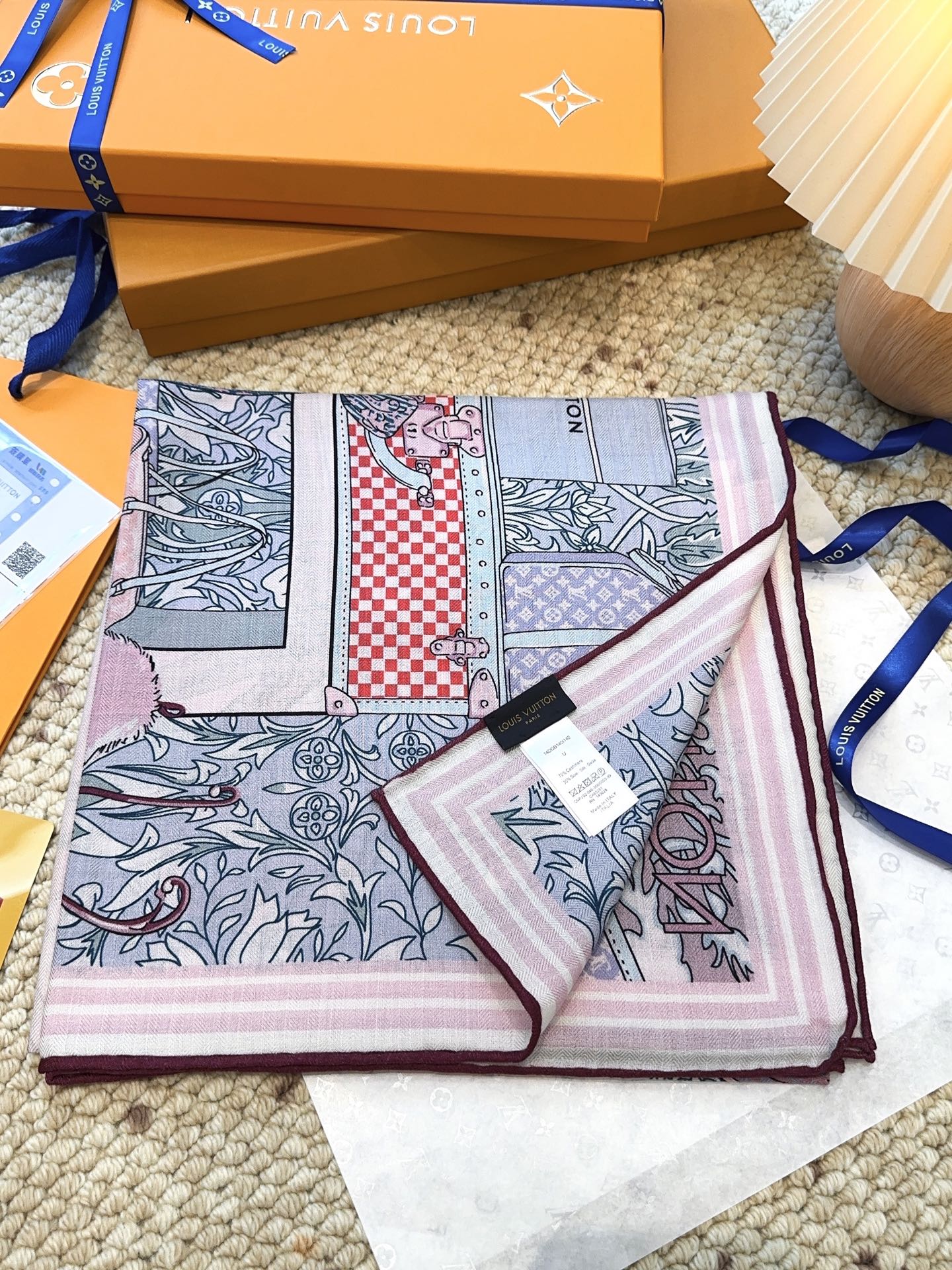 LV Monogram Scarf 135cm Purple Blue Silk Cashmere 967278