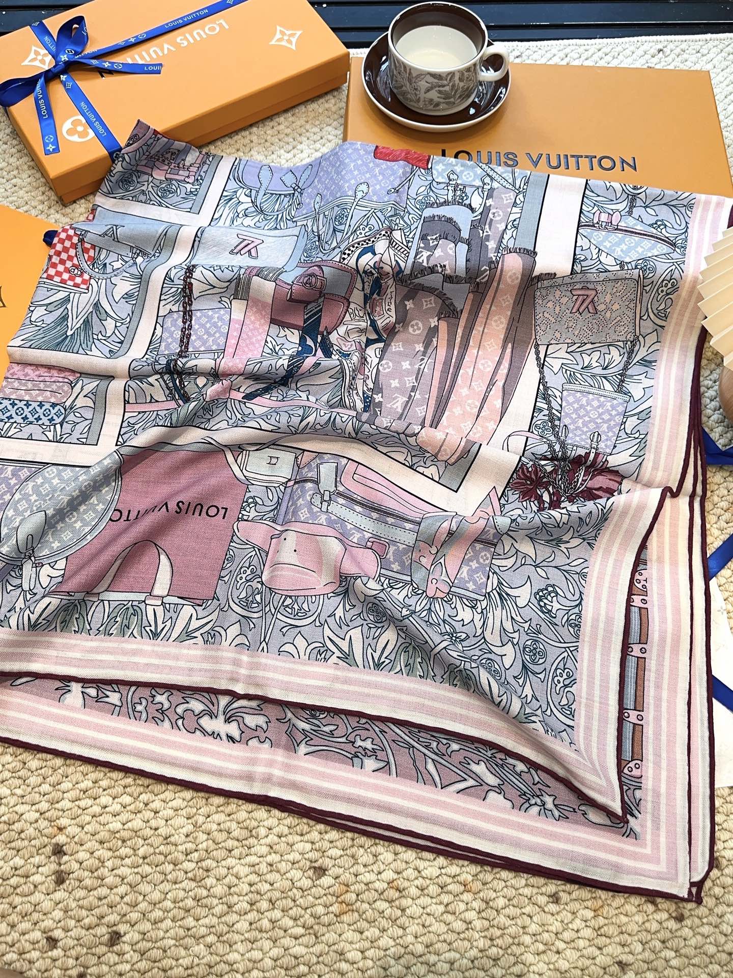 LV Monogram Scarf 135cm Purple Blue Silk Cashmere 967278