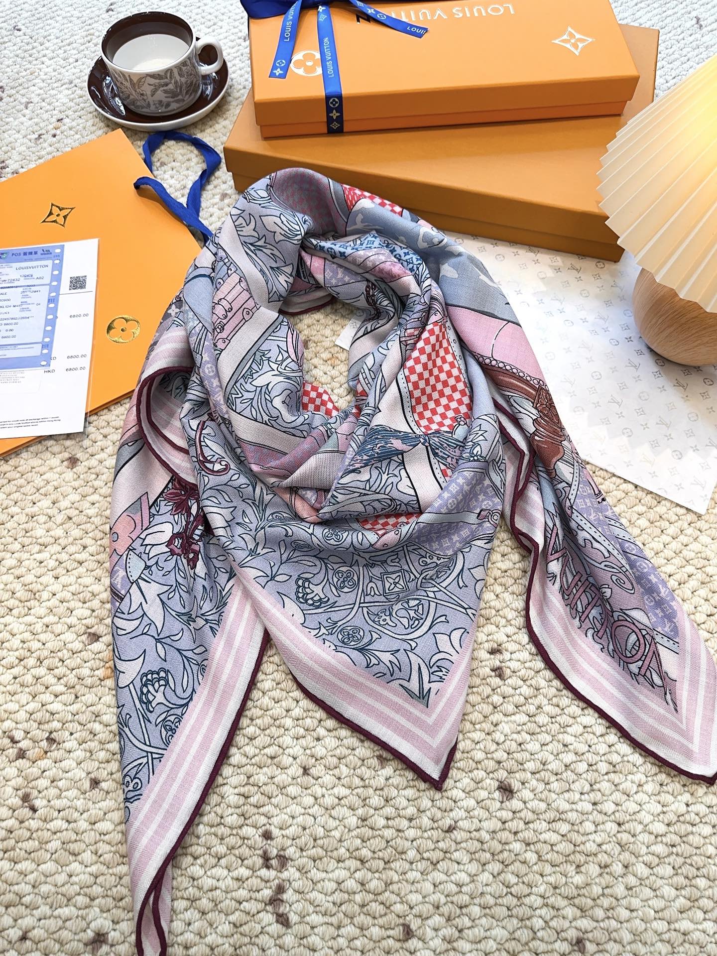 LV Monogram Scarf 135cm Purple Blue Silk Cashmere 967278