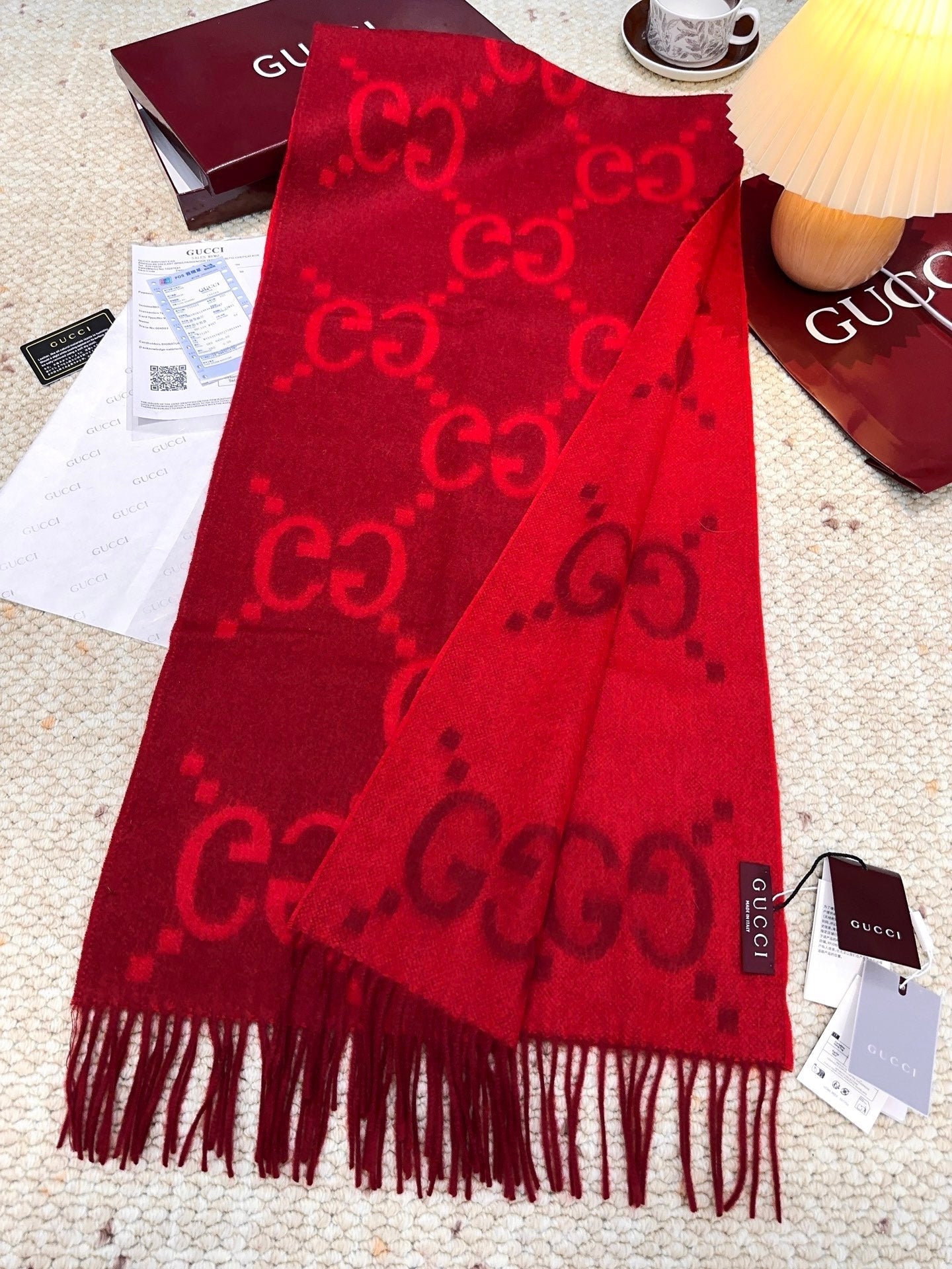 GG Double G Jacquard Scarf 200CM  Red Wool 282789