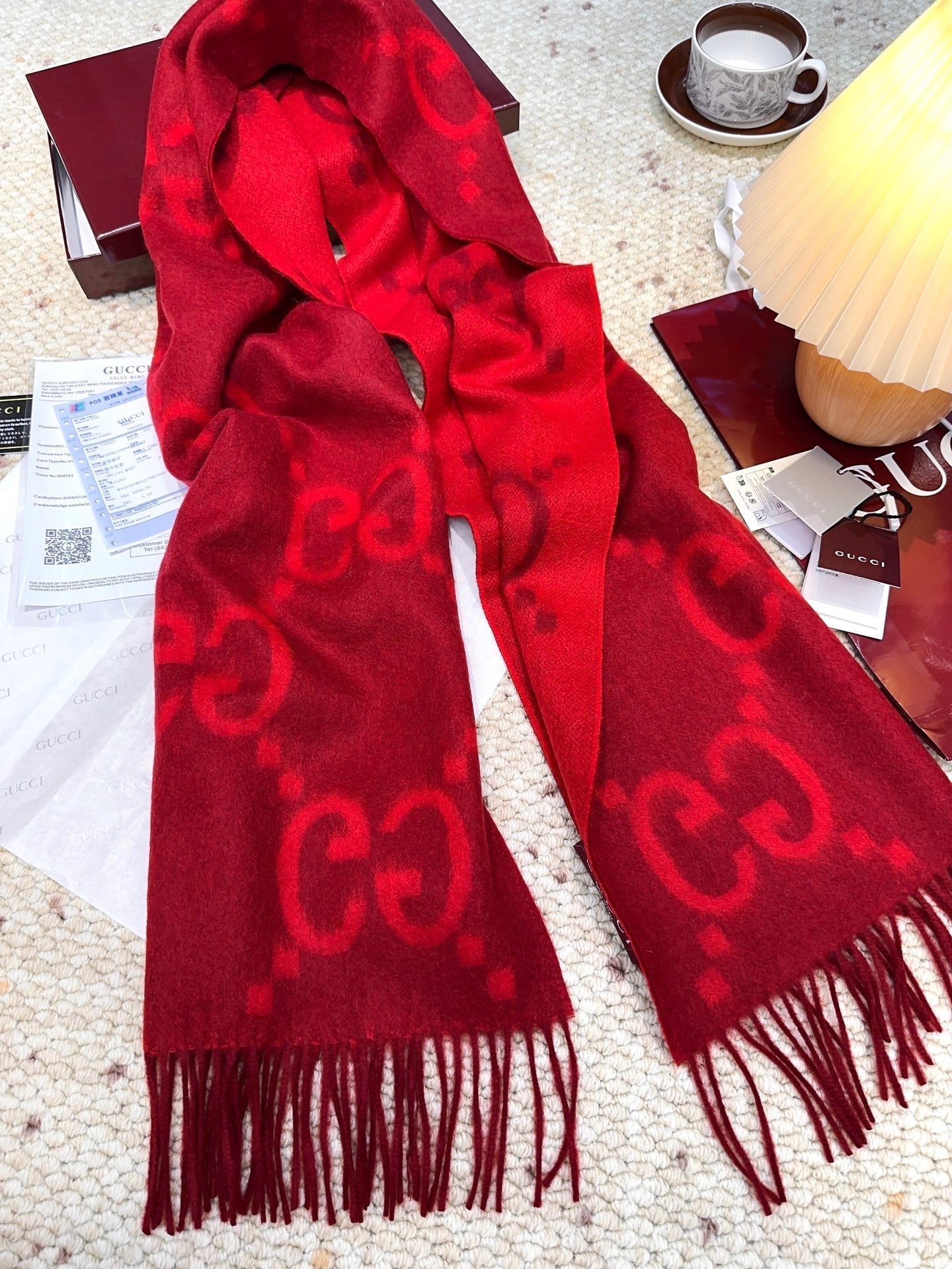 GG Double G Jacquard Scarf 200CM  Red Wool 282789