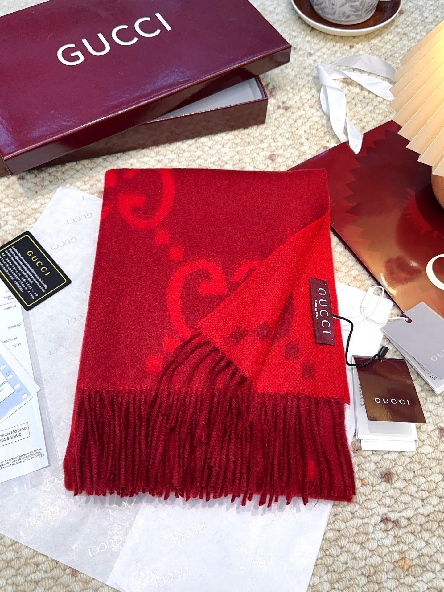 GG Double G Jacquard Scarf 200CM  Red Wool 282789