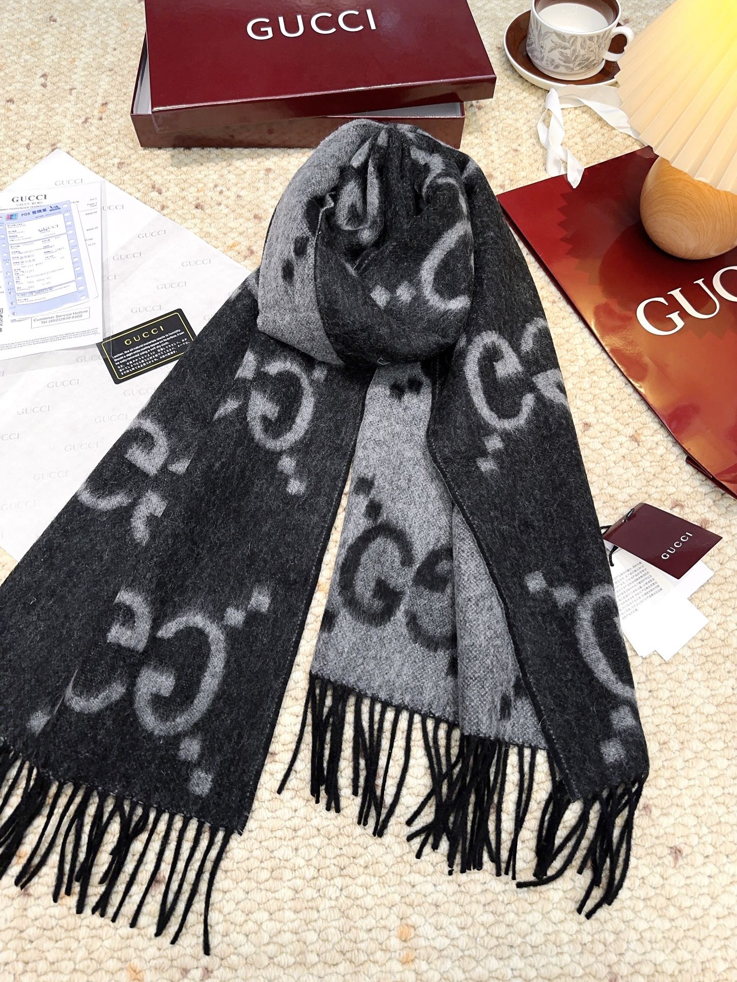 GG Double G Jacquard Scarf 200CM  Black Wool 282790
