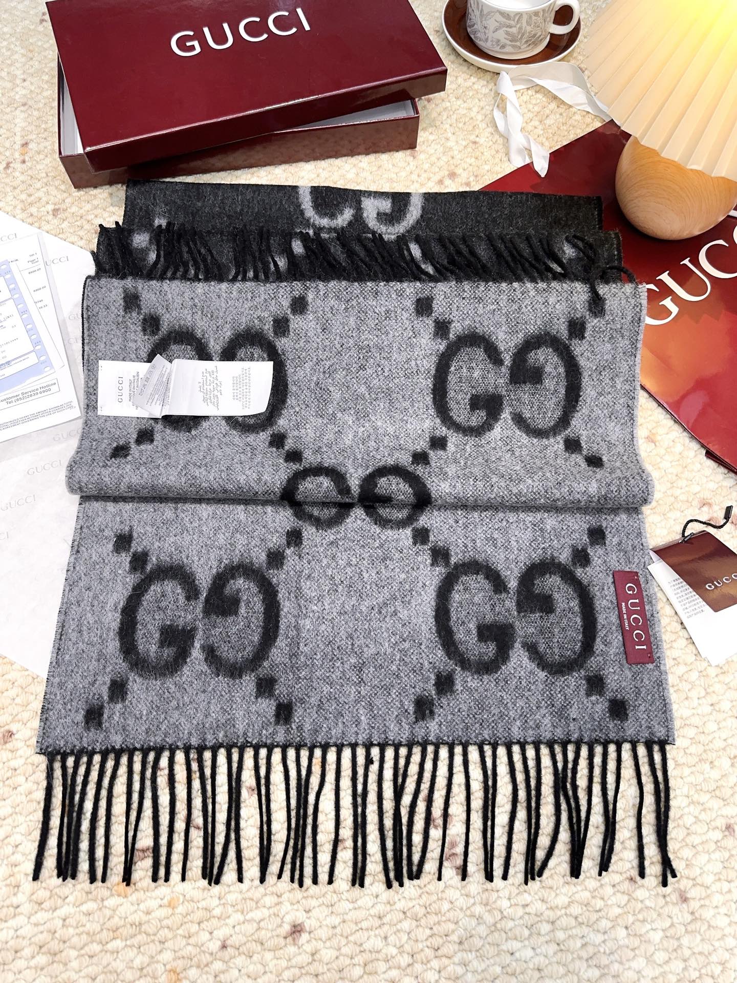 GG Double G Jacquard Scarf 200CM  Black Wool 282790