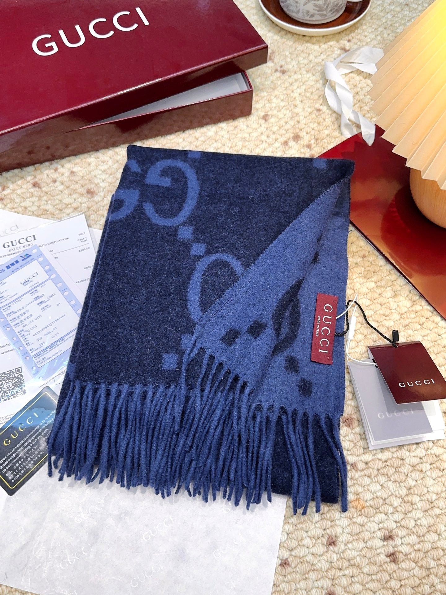 GG Double G Jacquard Scarf 200CM  Blue Black Wool 282791