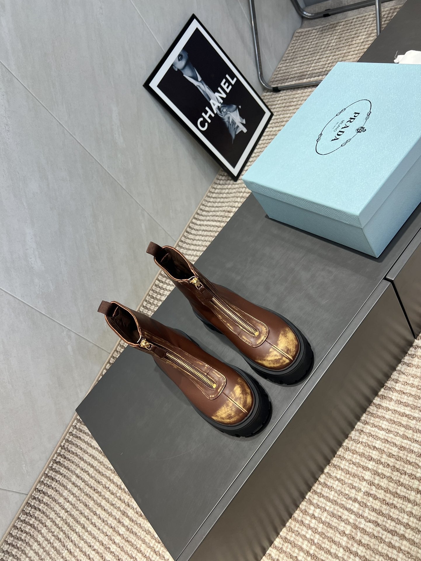 Prada 25 Martin Boots Brown Black Cowhide 501672