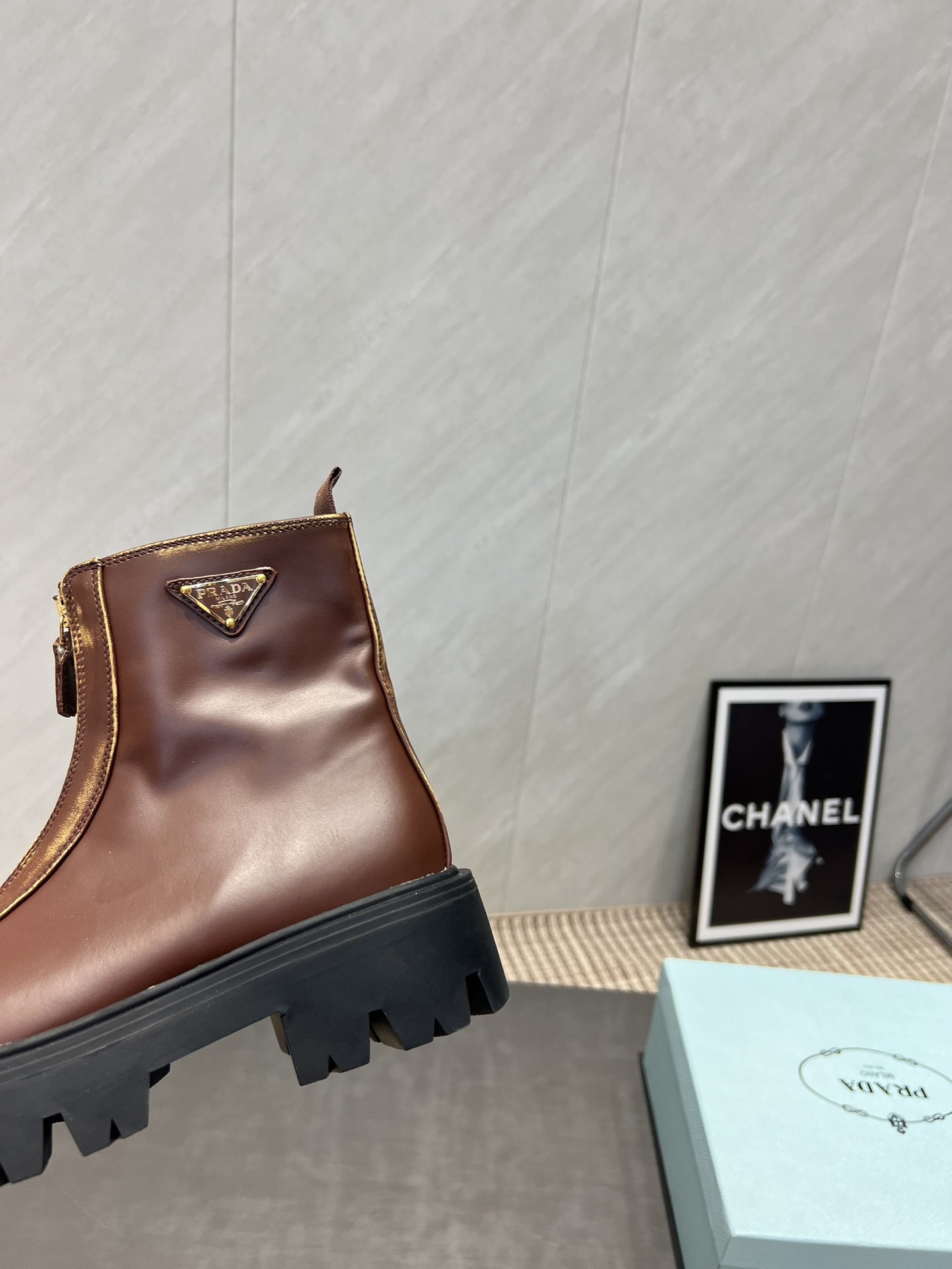 Prada 25 Martin Boots Brown Black Cowhide 501672