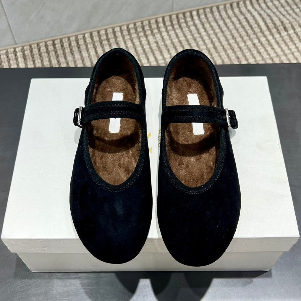 The Row 2025 Round Toe Ballet Flat Black Suede Fleece 540488