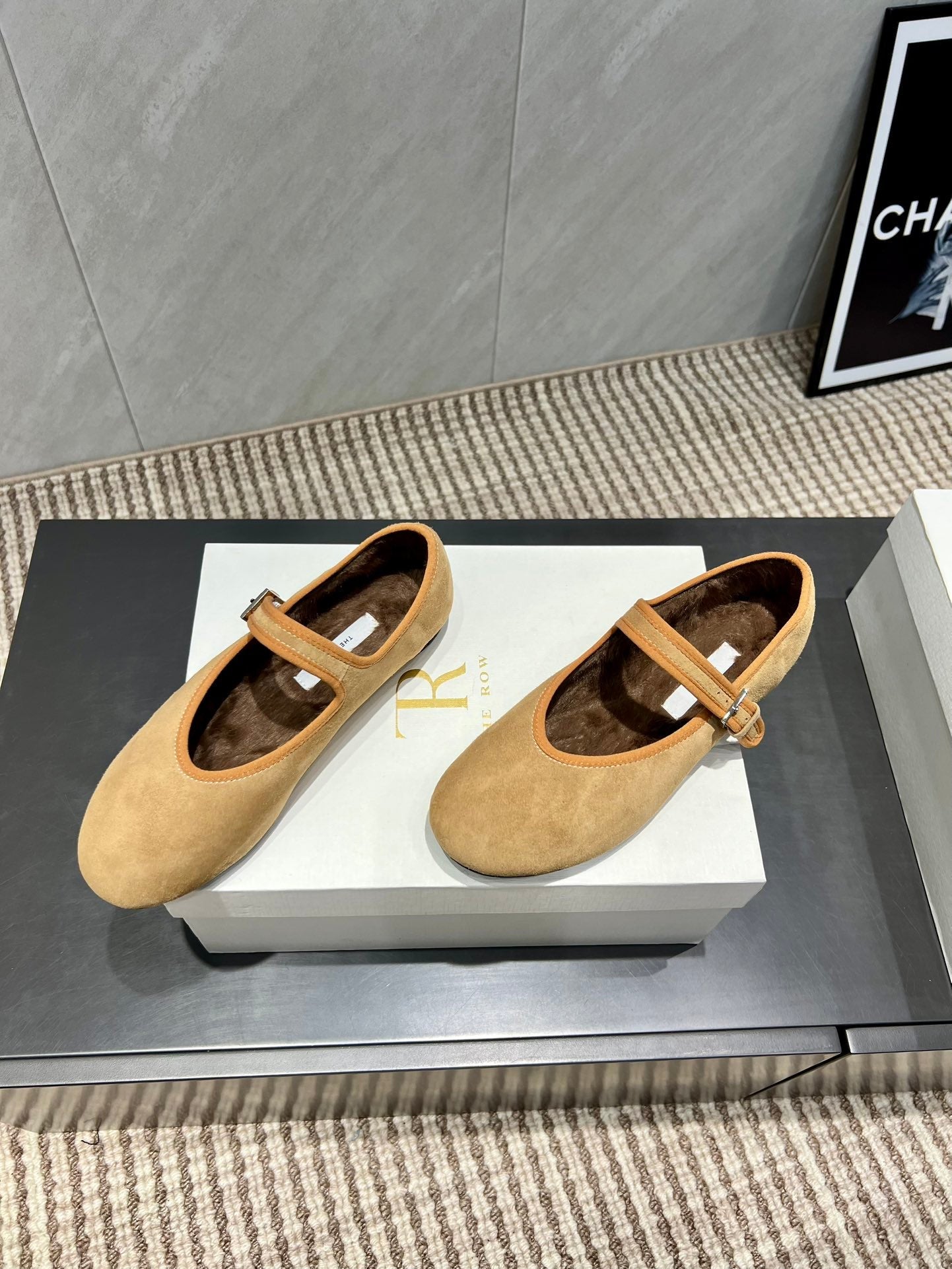 The Row 2025 Round Toe Ballet Flat Tan Suede Fleece 540489