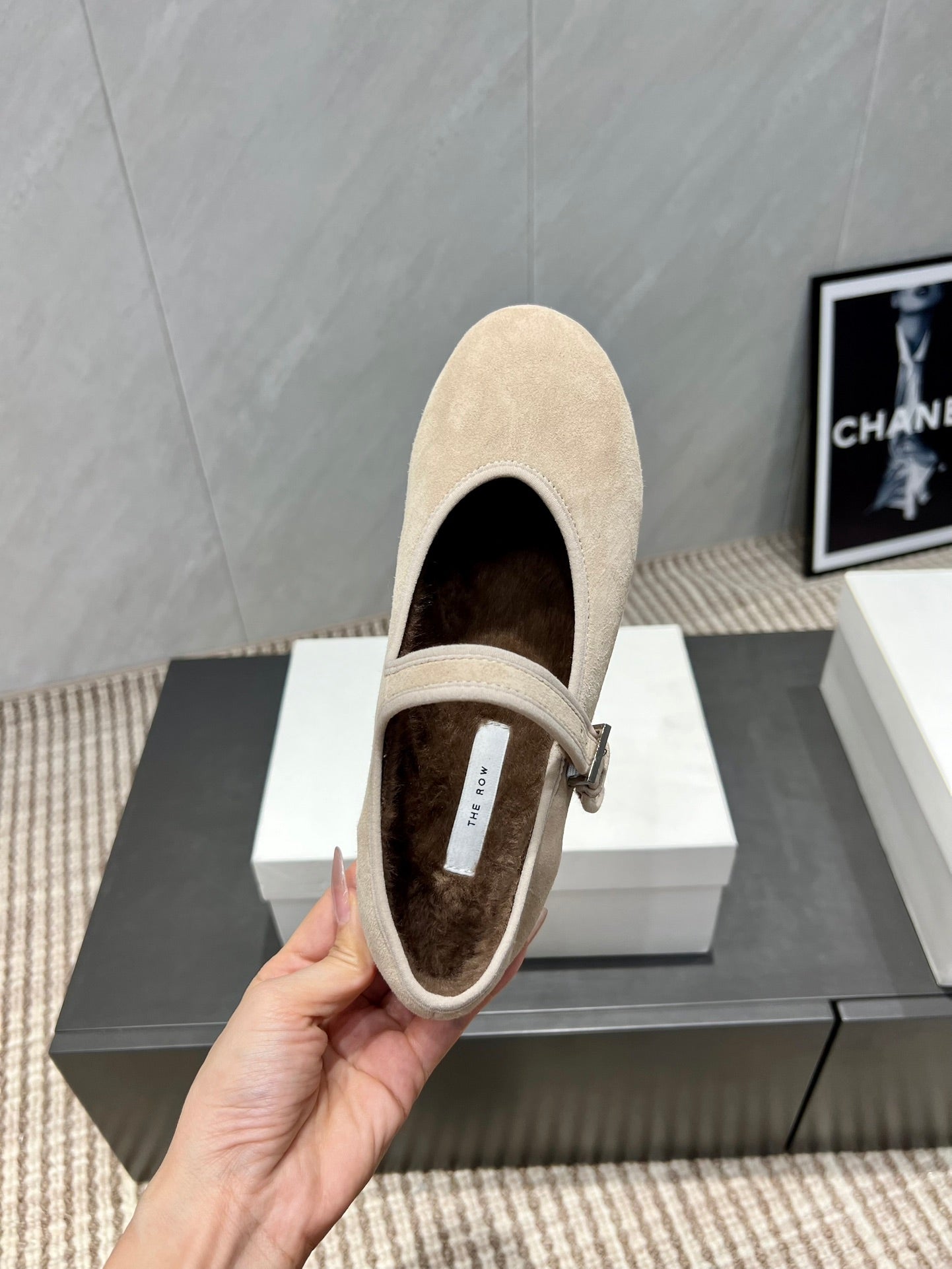 The Row 2025 Round Toe Ballet Flat Beige Suede Fleece 540490