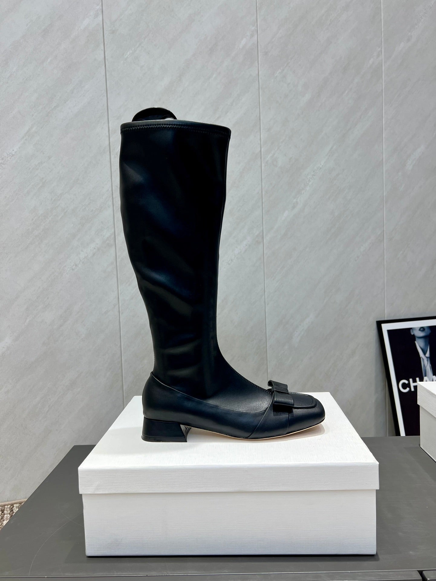 The Row 2025 Square Toe And Bow Accent Long Boot Black Sheepskin 540513