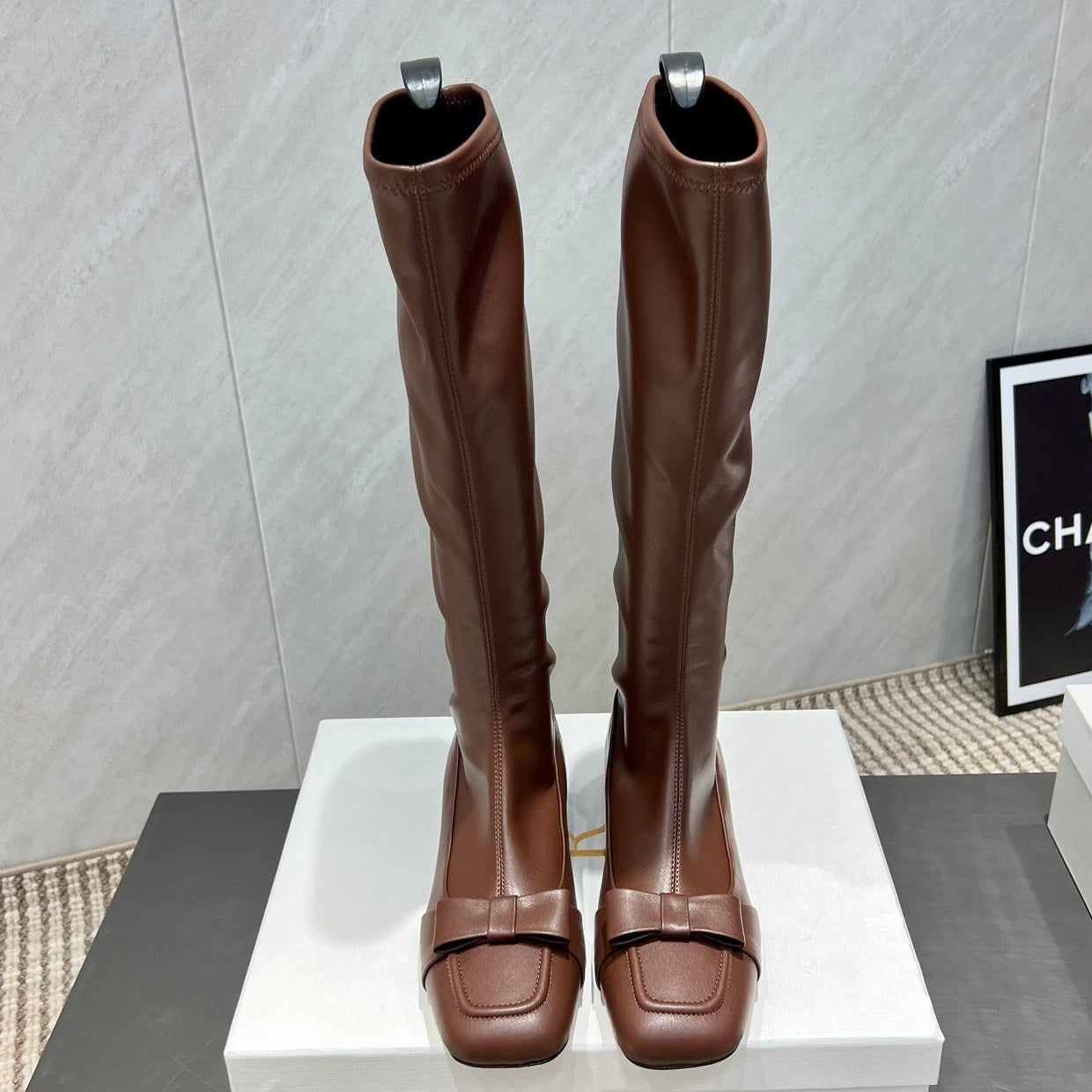 The Row 2025 Square Toe And Bow Accent Long Boot Brown Sheepskin 540514