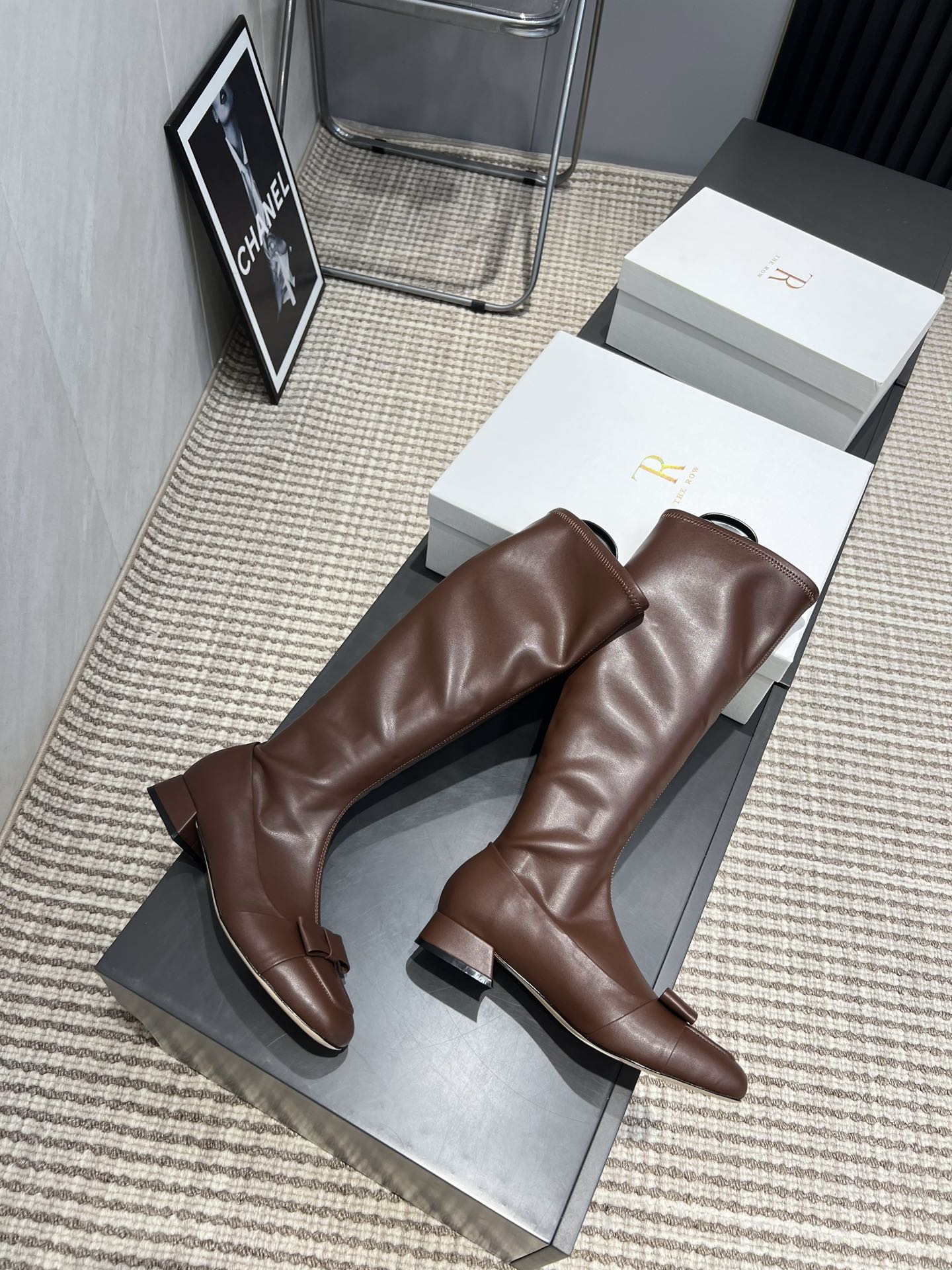 The Row 2025 Square Toe And Bow Accent Long Boot Brown Sheepskin 540514