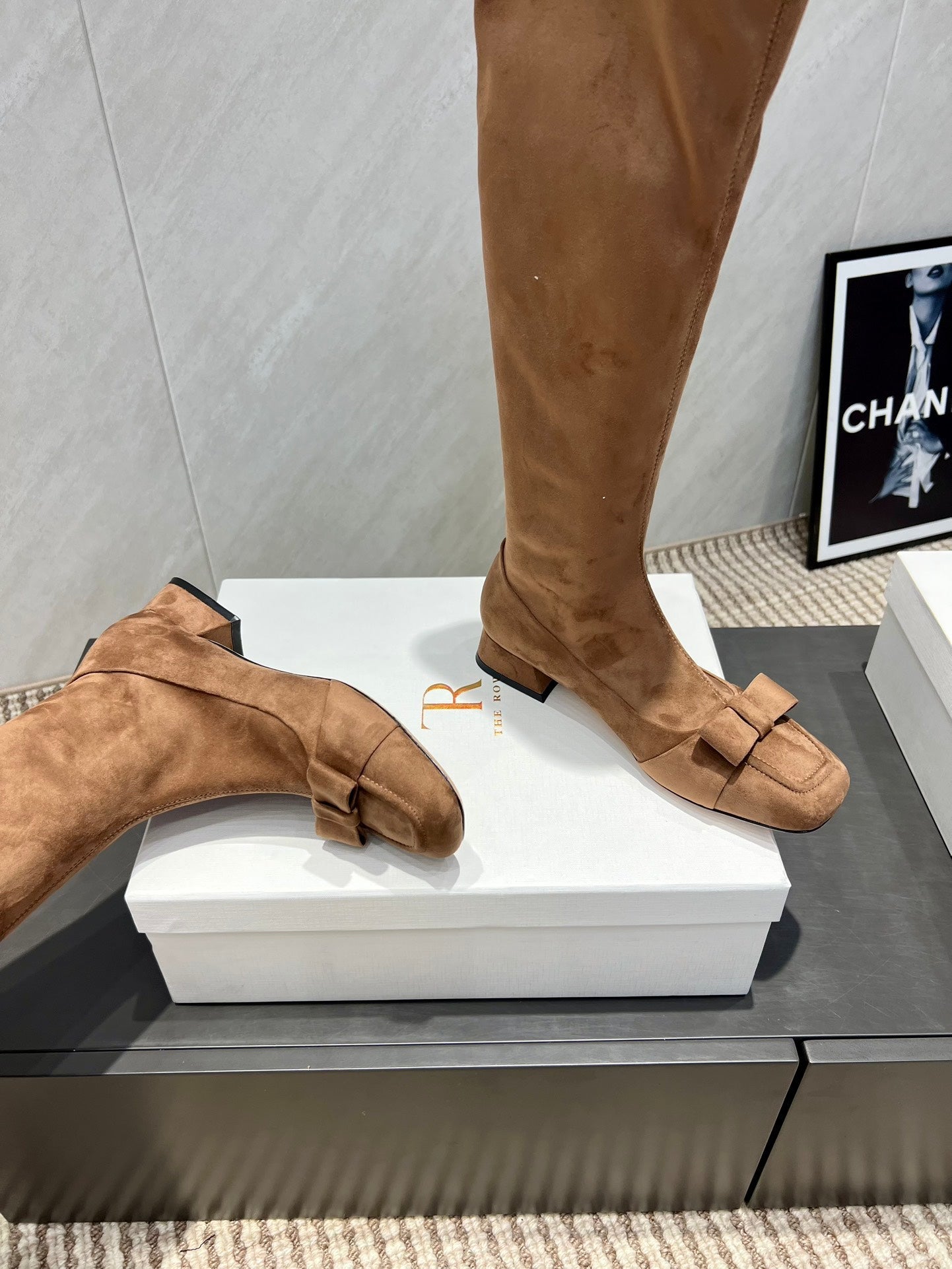 The Row 2025 Square Toe And Bow Accent Long Boot Brown Suede 540515