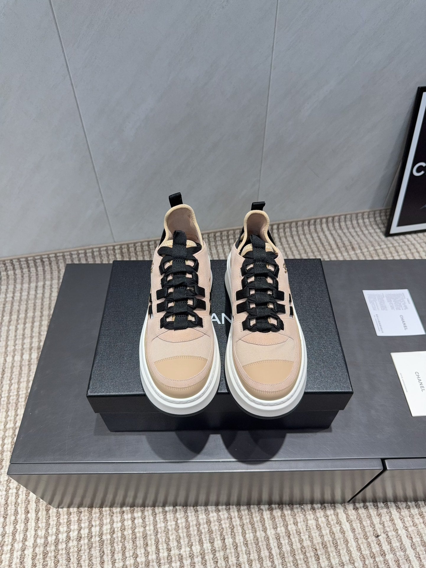 Chanel 25 Sneaker Beige Black White Suede 540307