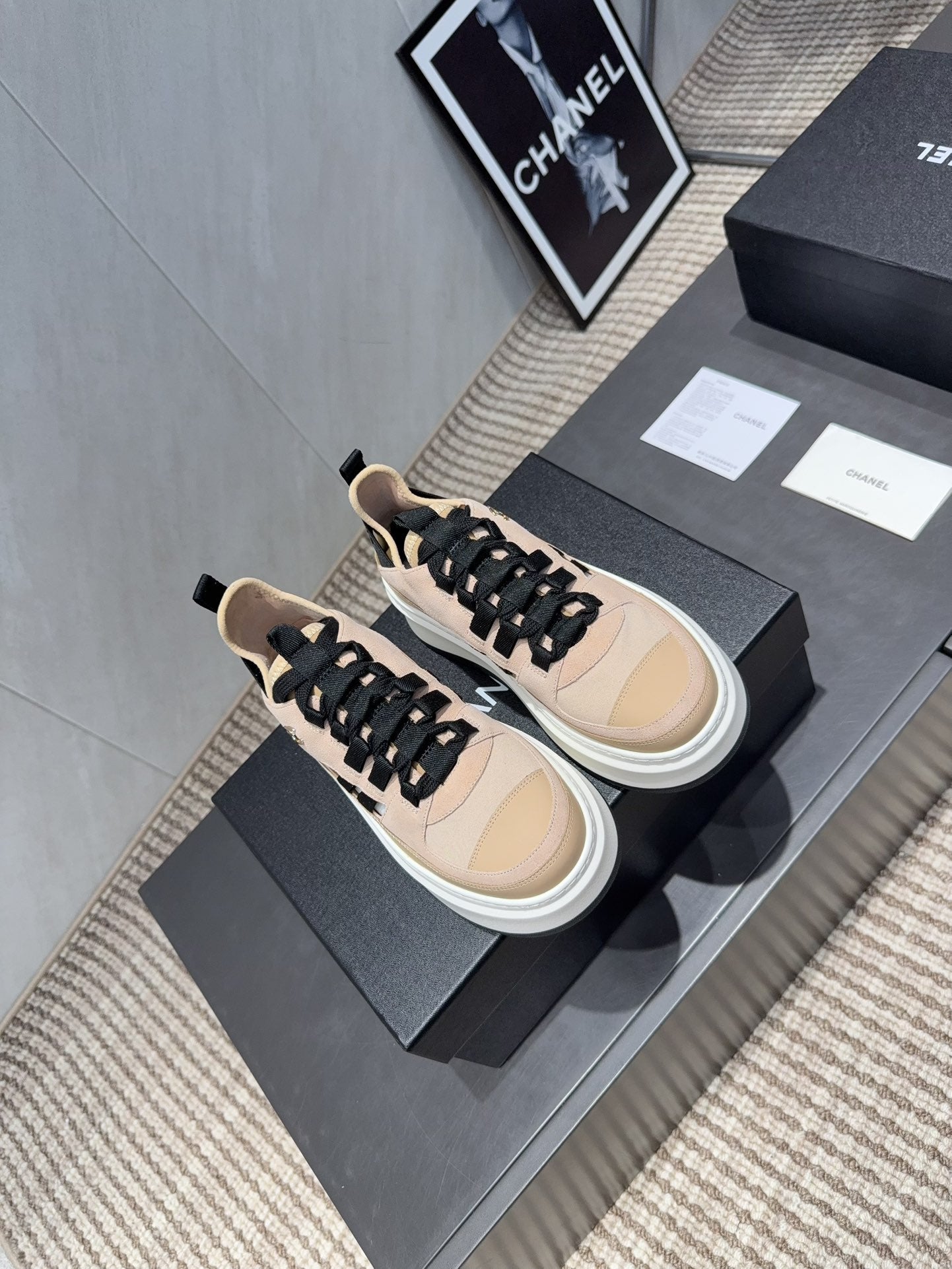 Chanel 25 Sneaker Beige Black White Suede 540307